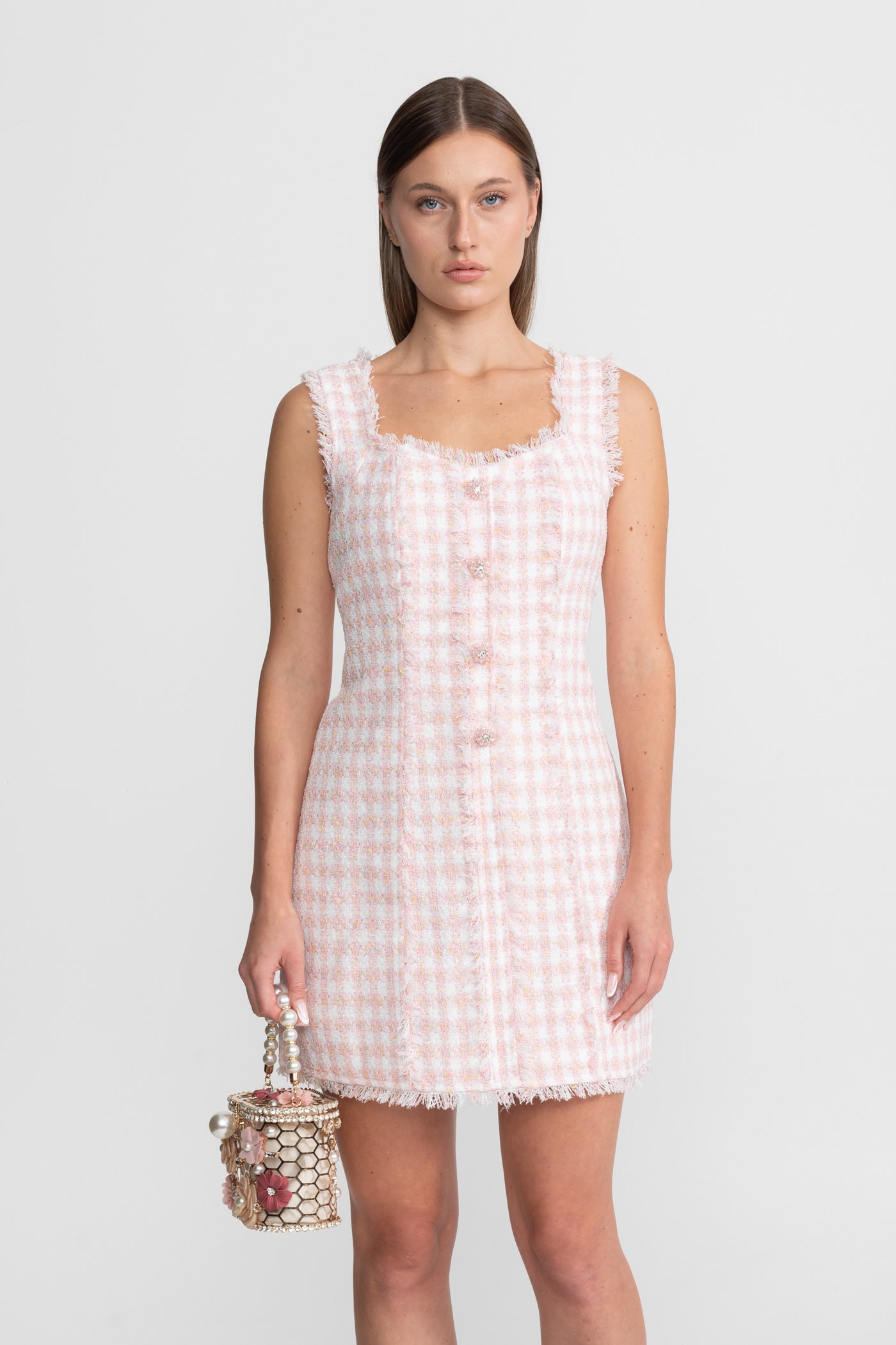 Sleeveless Tweed Mini Dress With Frayed Trim – Blush Pink