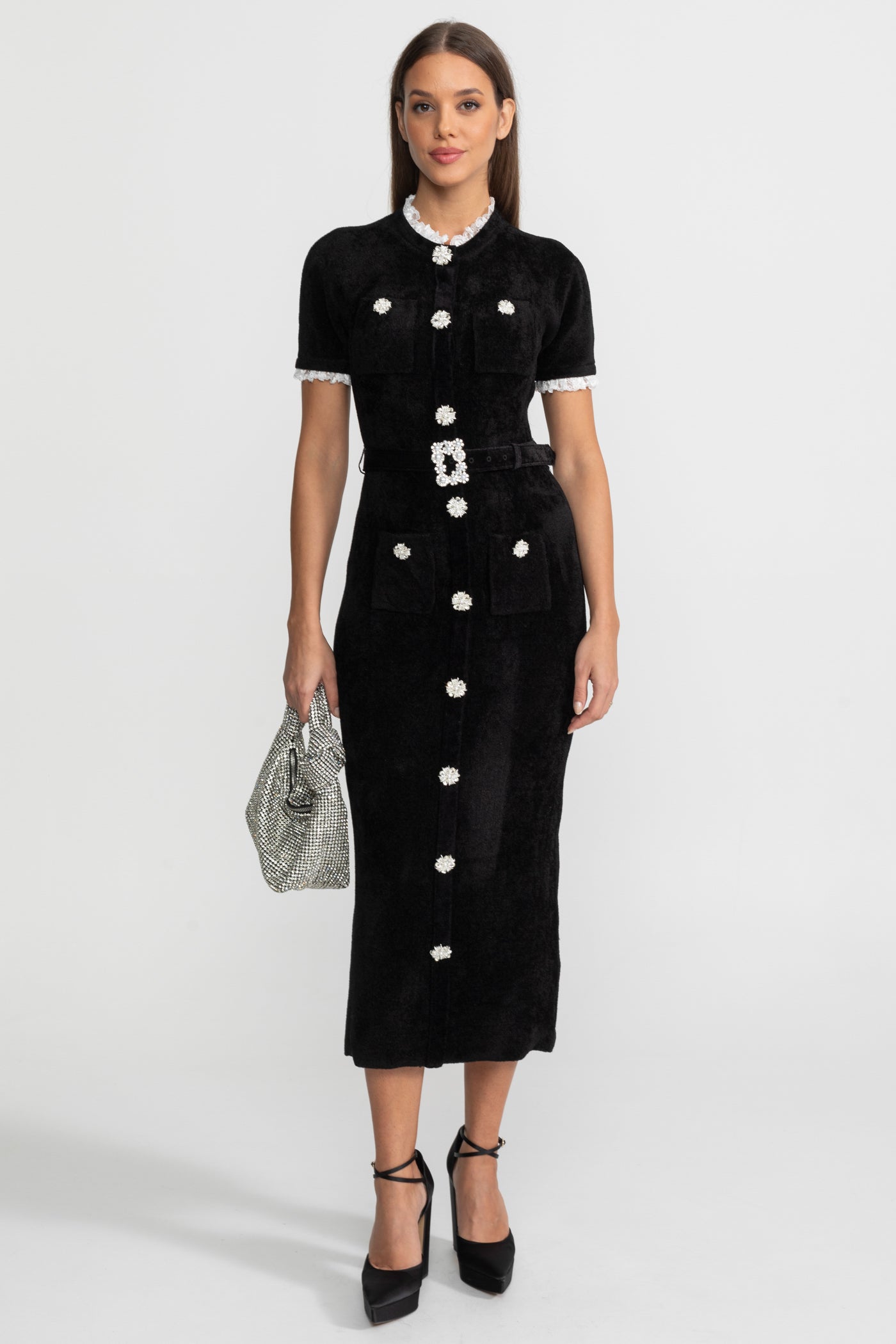Elegant Midi Dress With Crystal Buttons and Lace Trim – Black