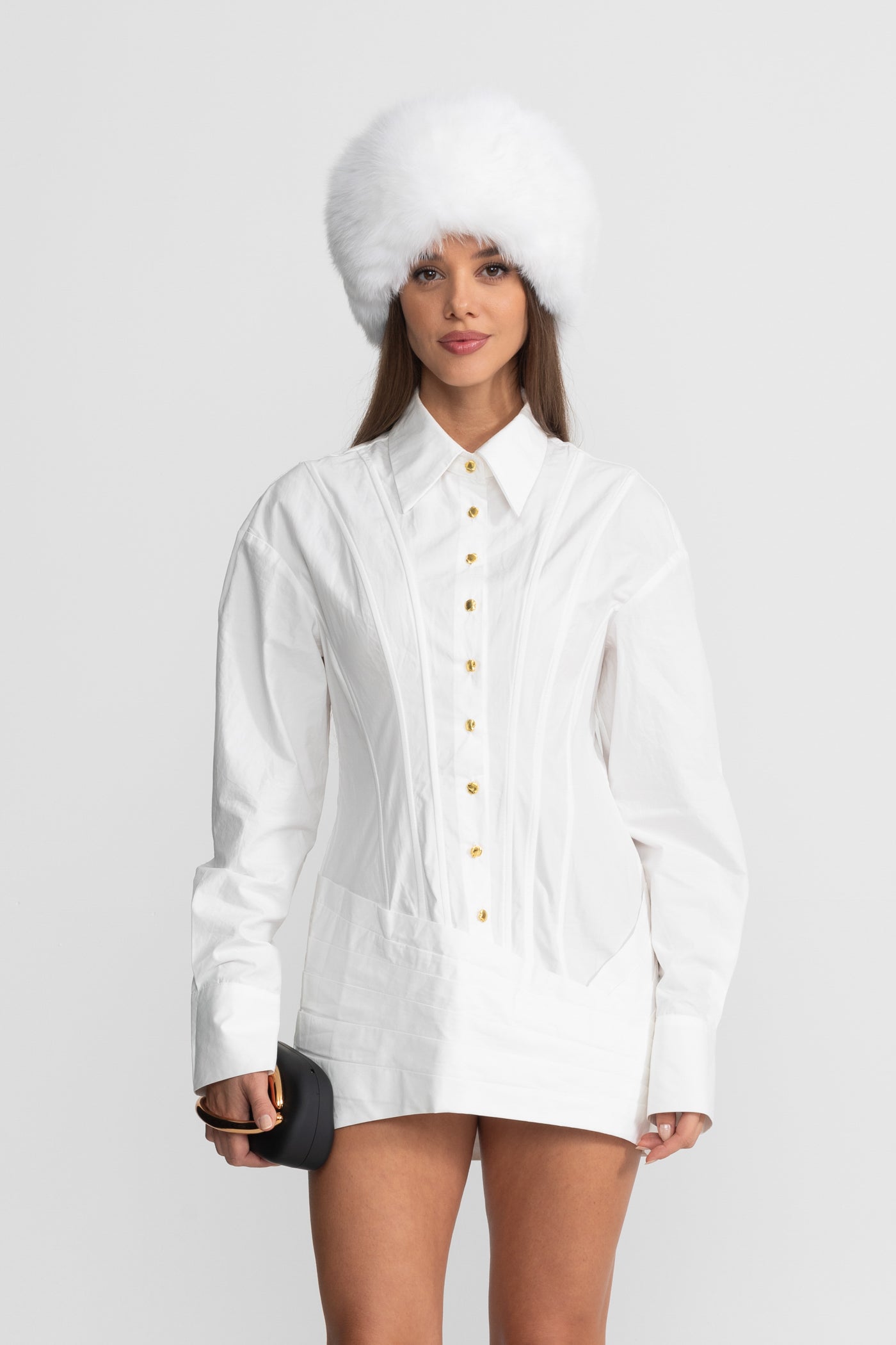Structured Mini Dress With Gold Button Detailing – White