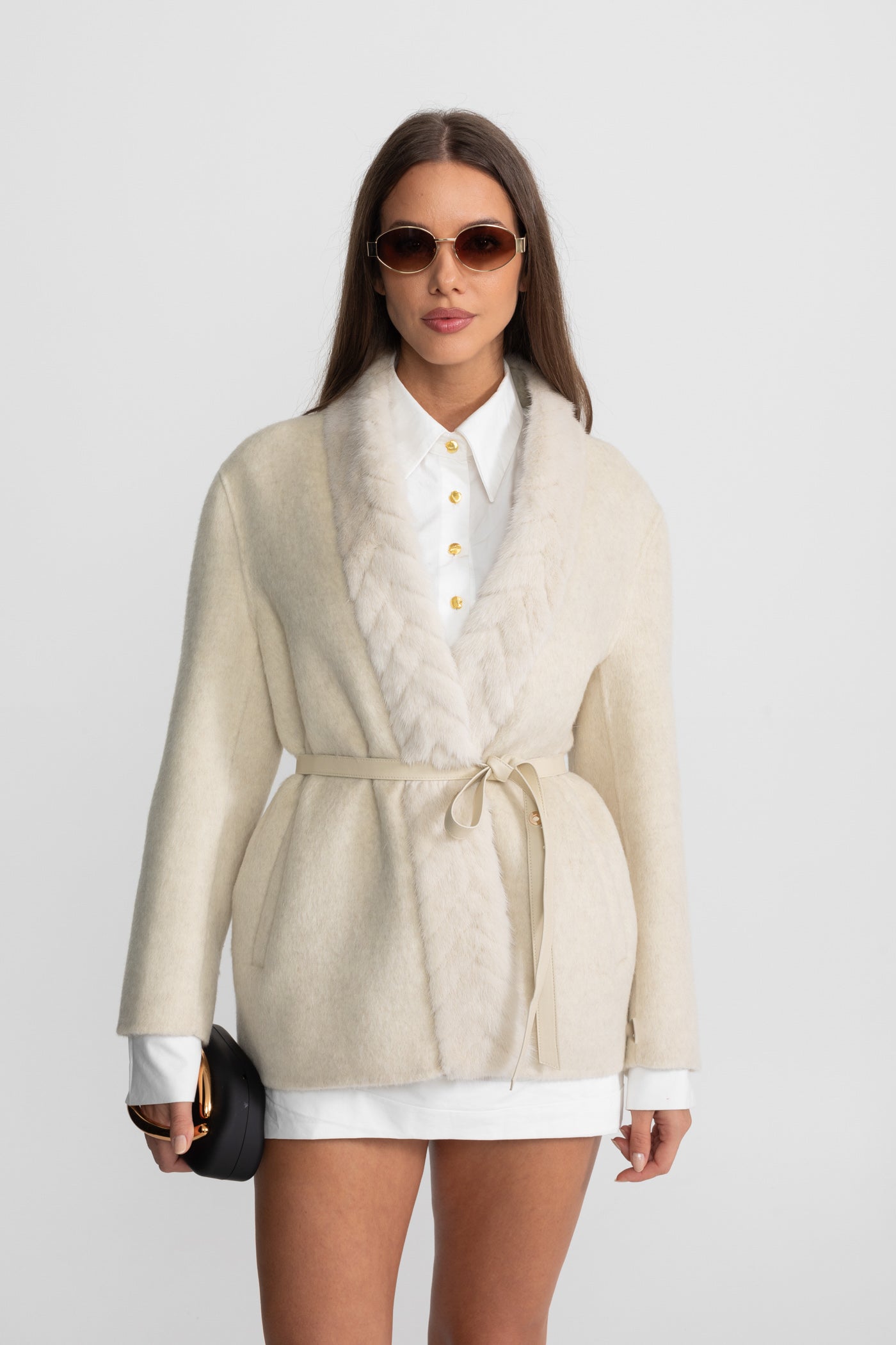 Fur Trim Jacket With Belted Waist – Ivoire