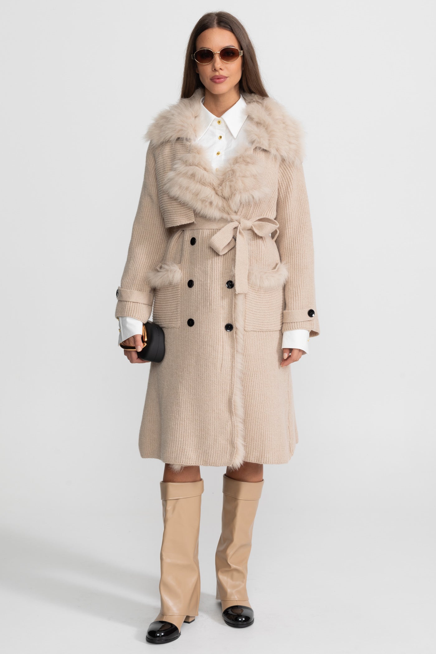 Double-Breasted Knit Overcoat With Fur Trim – Beige