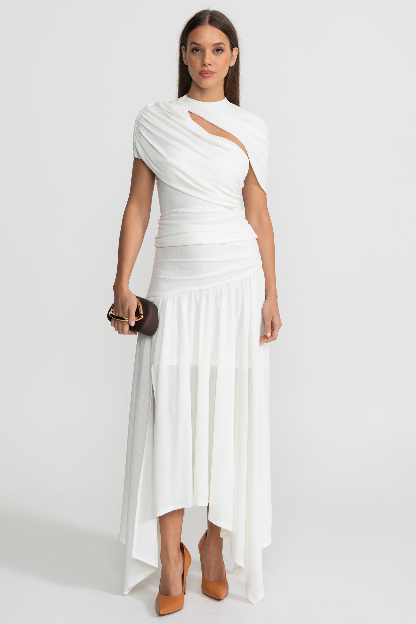 Asymmetric Jersey Dress with Draped Shoulder and Cutout Detail - White