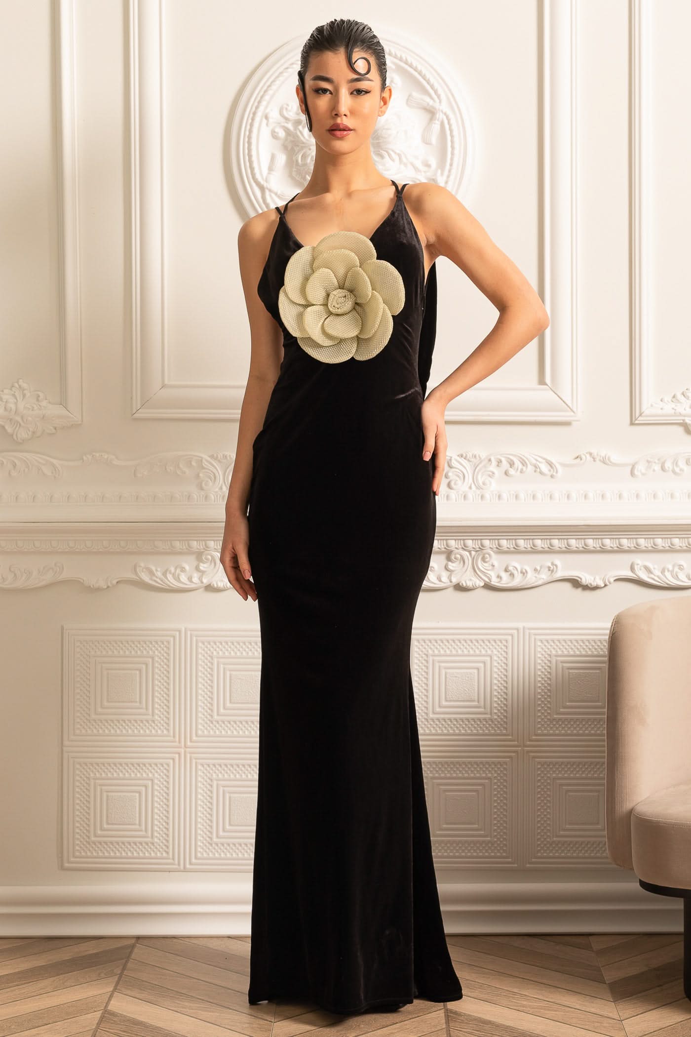 Floral Embellished Gown With Back Cutout - Black