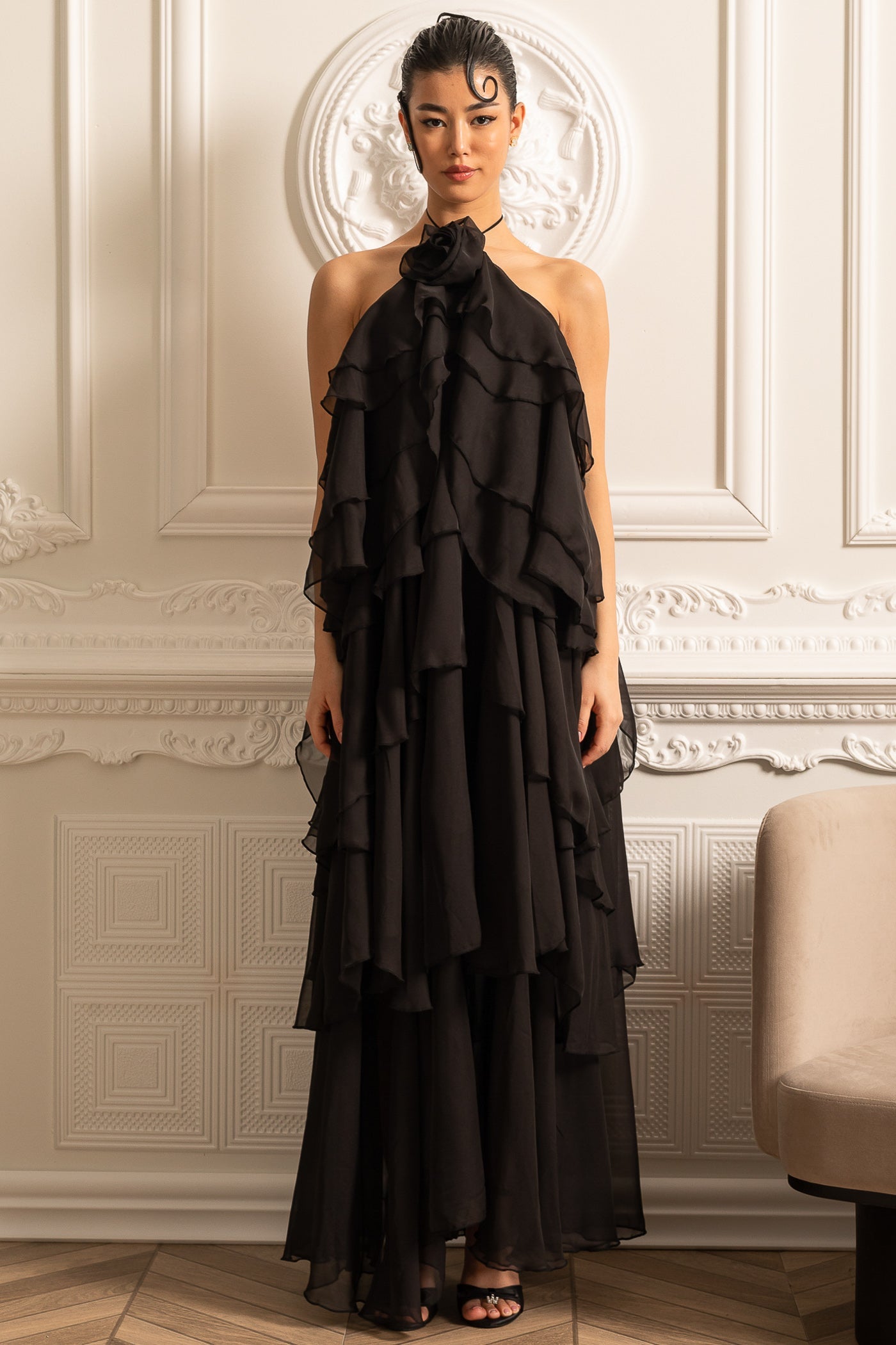 Layered Ruffle Halter Dress with Decorative Neckline Flower