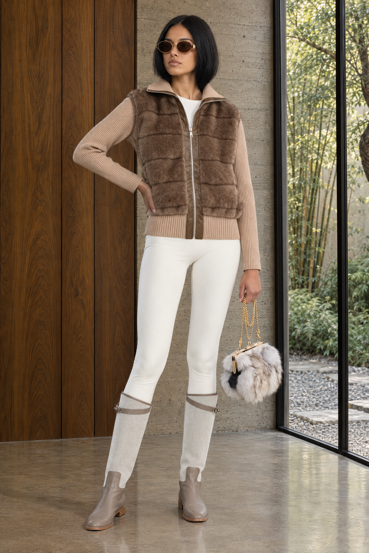 Plush Panel Knit Sleeve Zip Jacket - Mocha