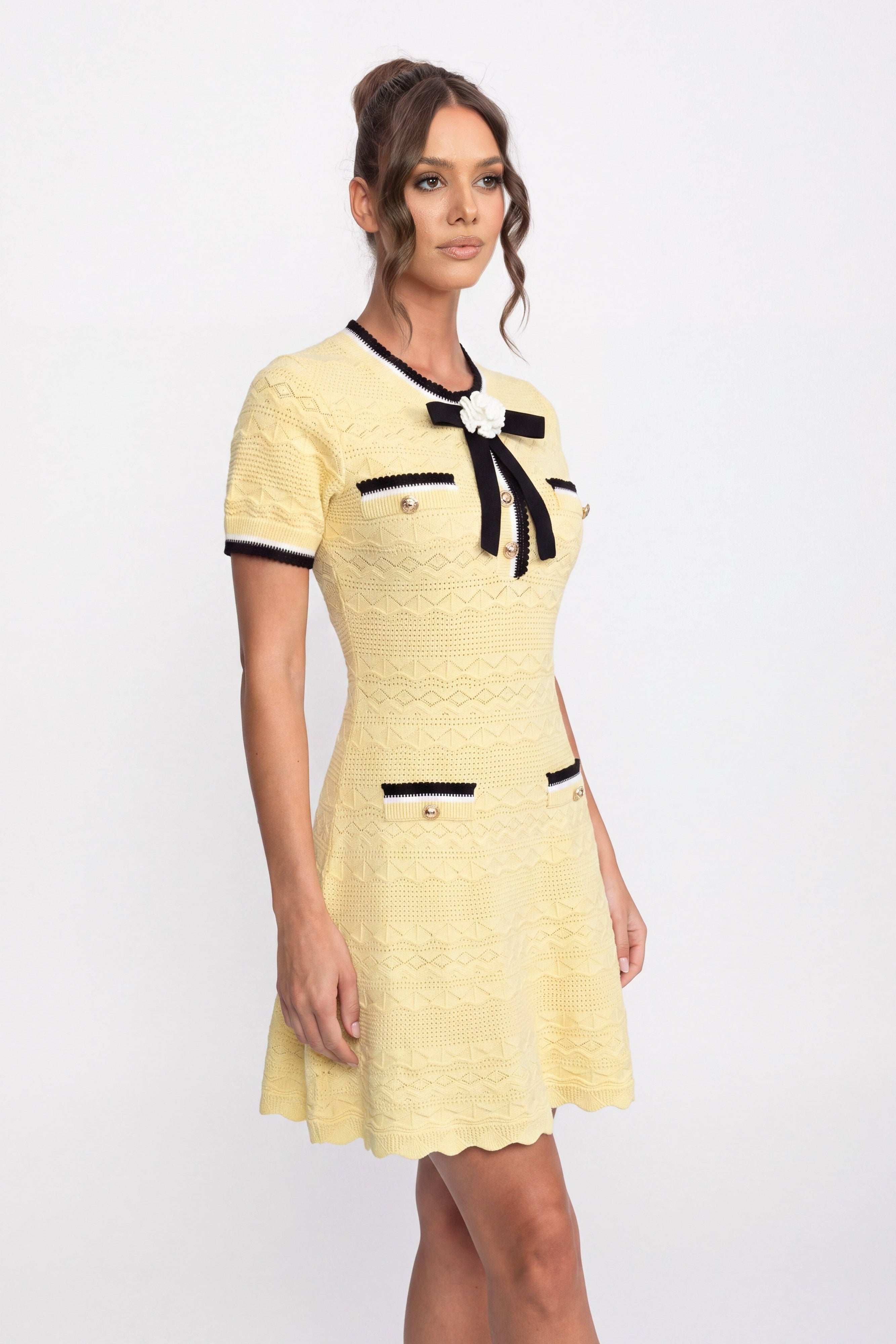 Contrast Trim Knit Mini Dress With Black Bow - Yellow