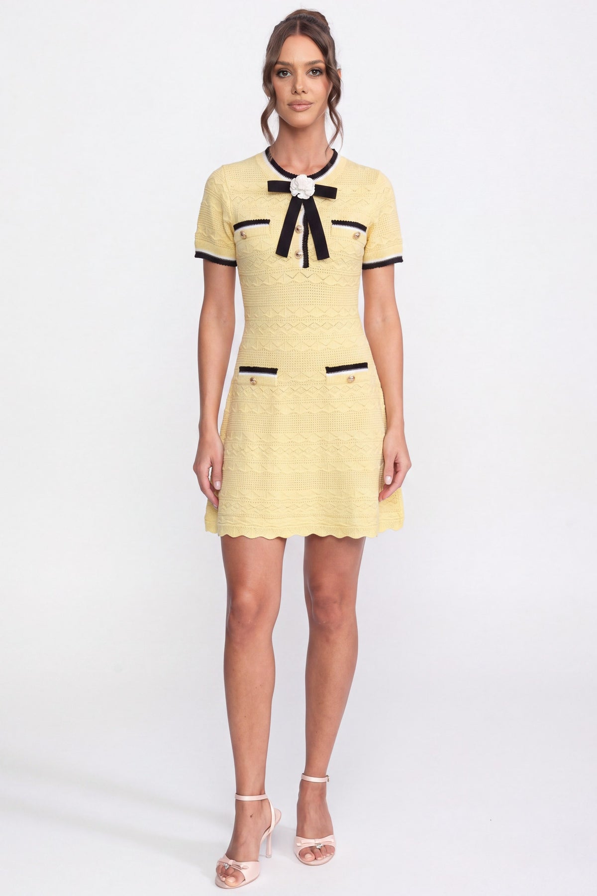 Contrast Trim Knit Mini Dress With Black Bow - Yellow