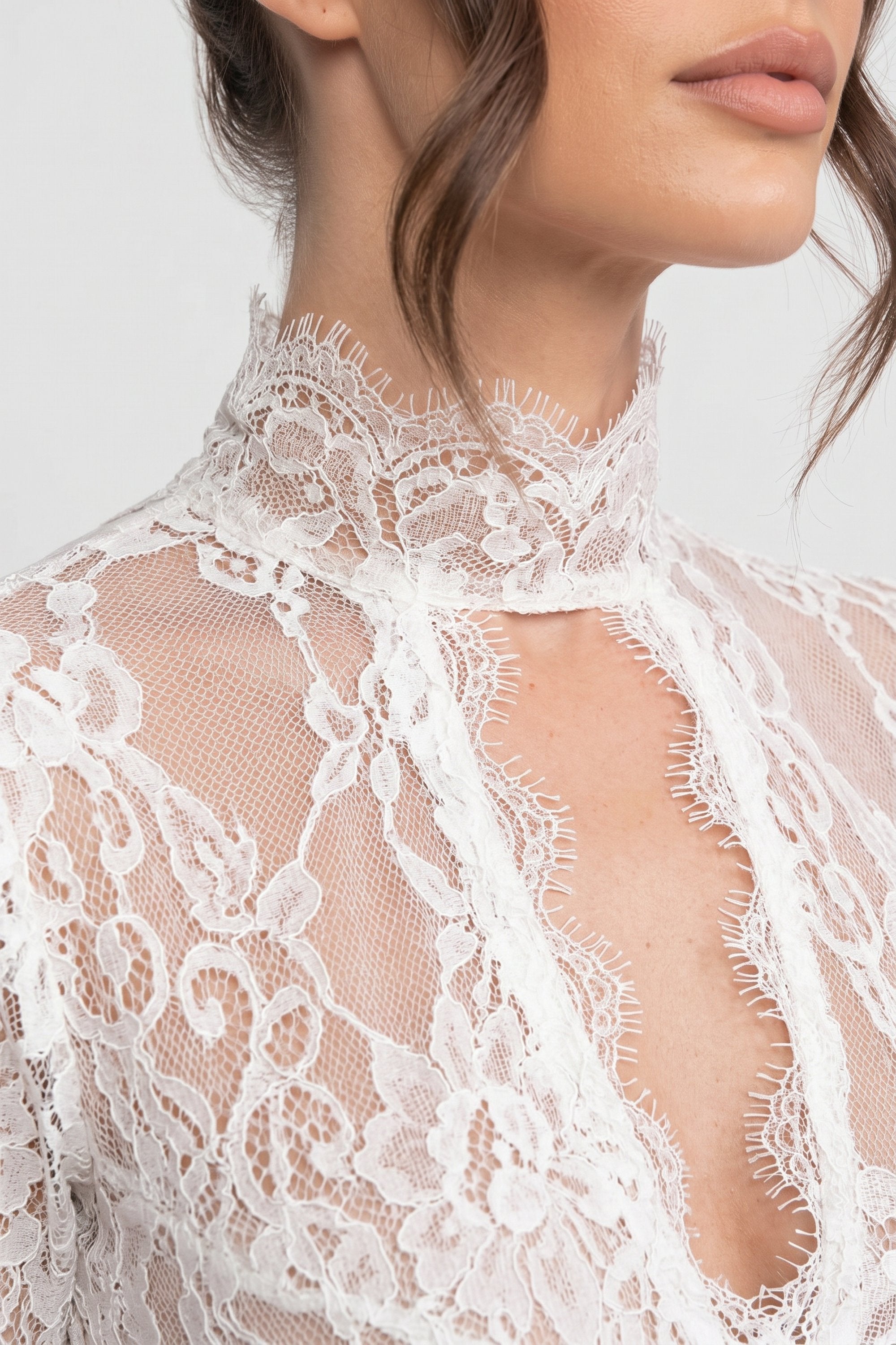 Elegant Lace Gown With High Neck, Front Cutout And Slit - White