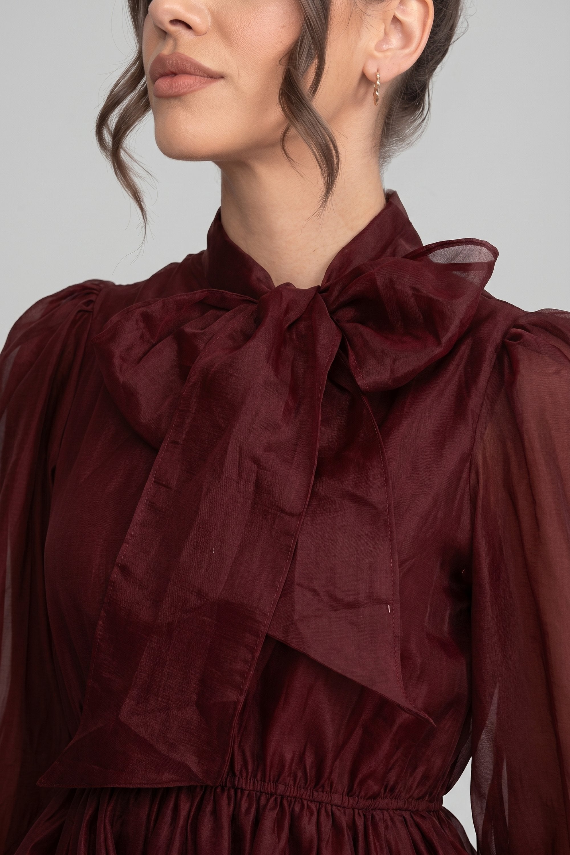 High-Neck Puff-Sleeve Mini Dress With Tiered Ruffle Skirt And Bow - Wine