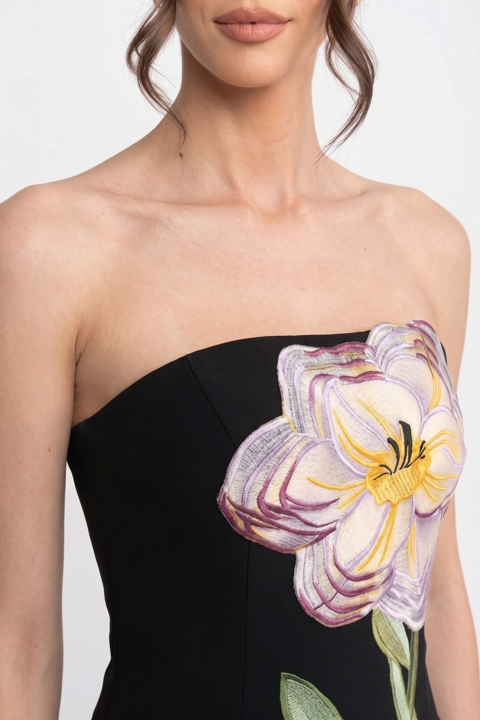 Strapless Floral-Print Maxi Dress With Column Silhouette - Black