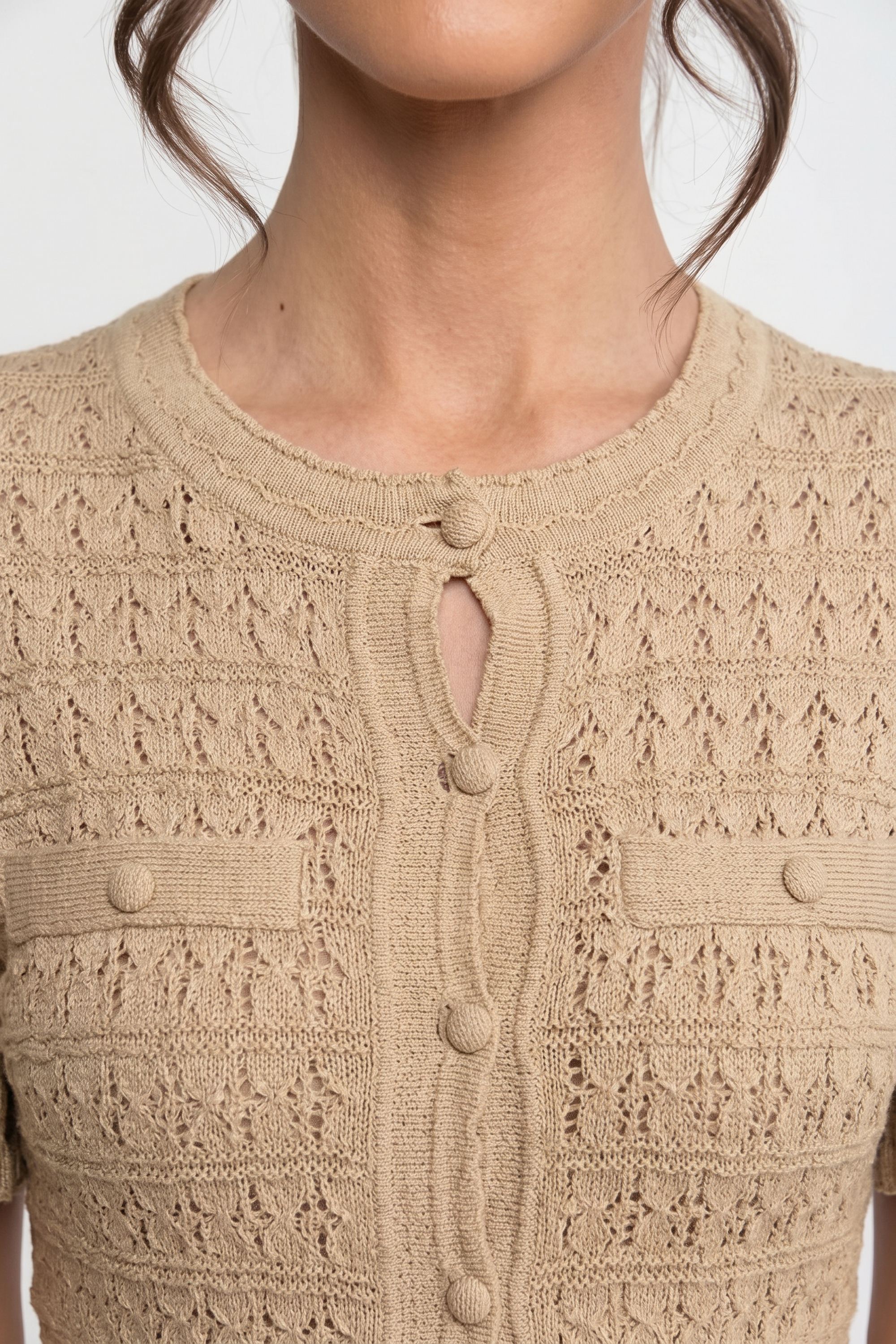 Short Sleeve Midi Dress With Shimmer Knit Texture - Beige
