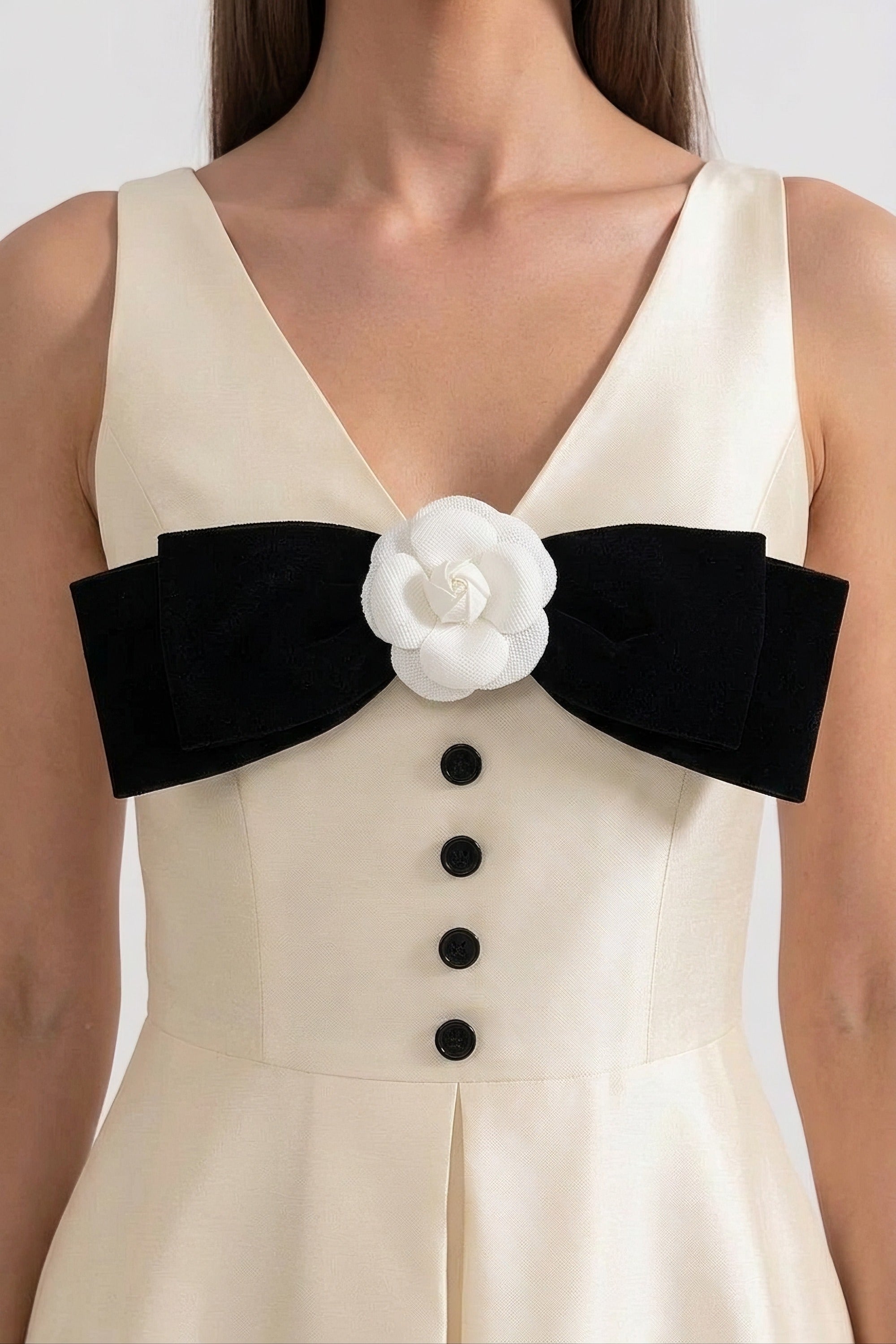 Halter Neck Maxi Dress With Black Bow Bustline And Button Front - White
