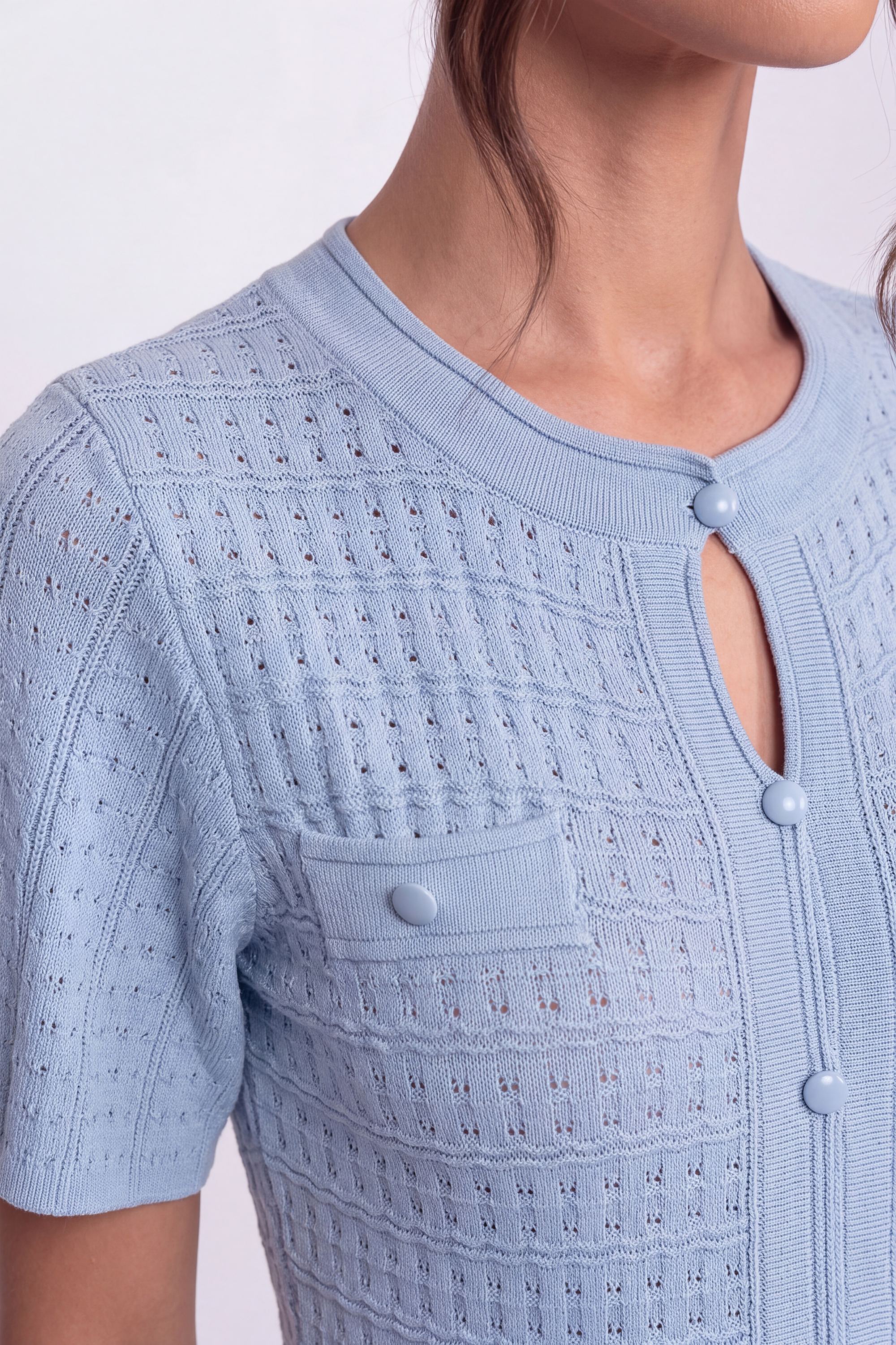Short Sleeve Midi Dress With Shimmer Knit Texture - Light Blue