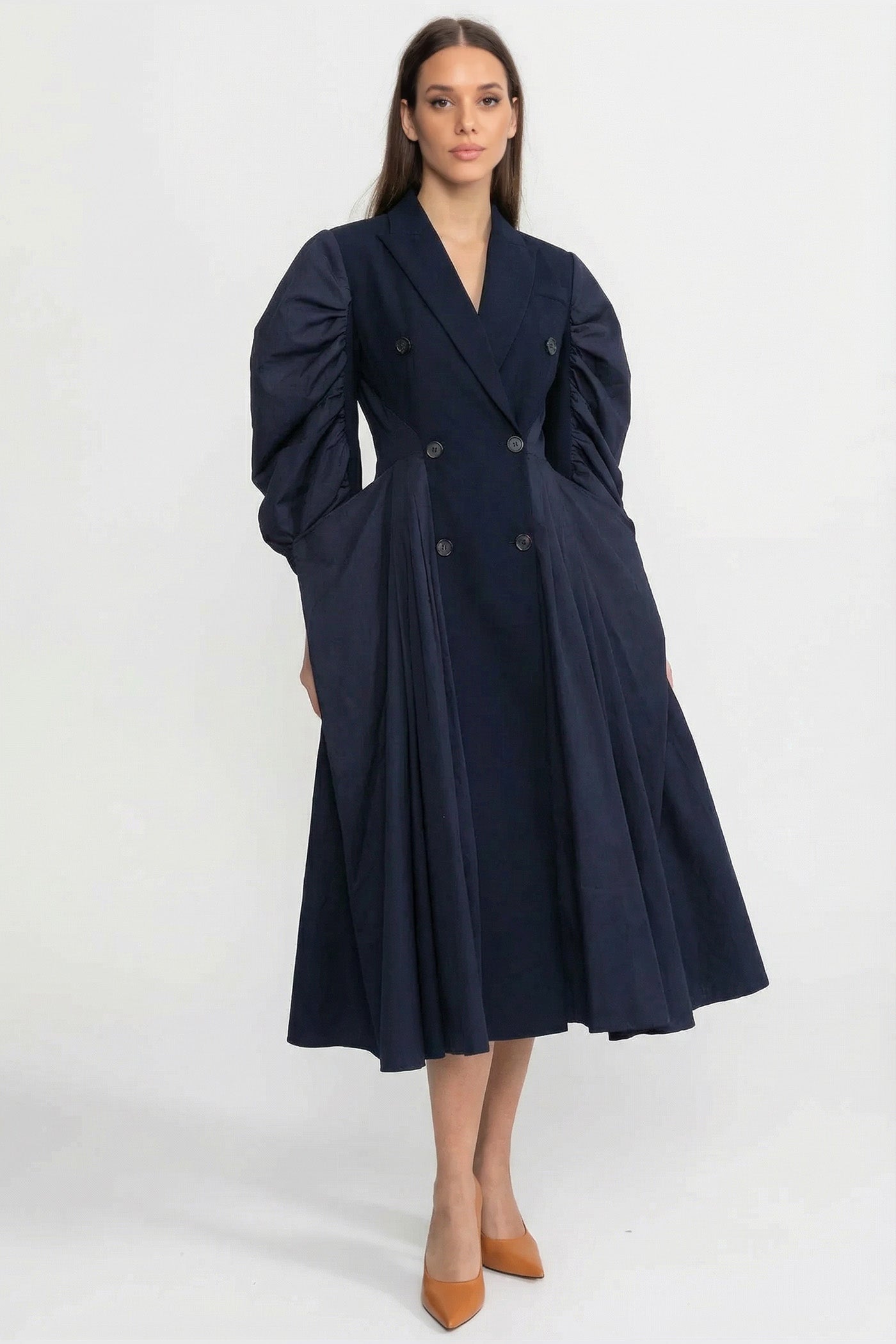 Double-Breasted Midi Dress With Voluminous Gathered Sleeves - Navy