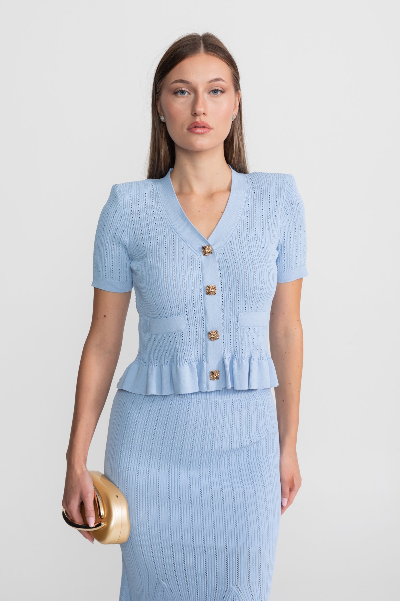 Knit Midi Dress with Peplum Waist and Gold Buttons  – Baby Blue
