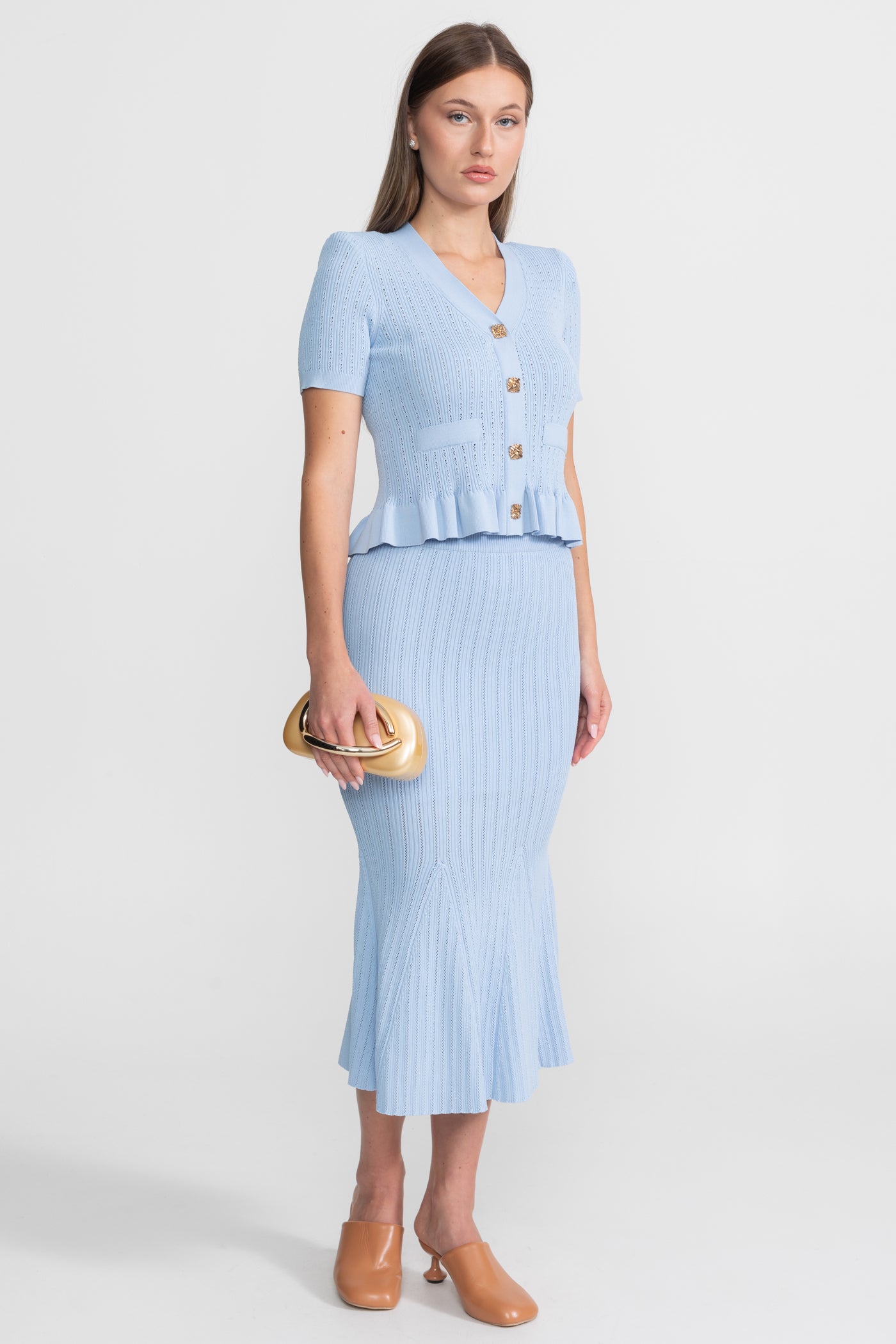 Knit Midi Dress with Peplum Waist and Gold Buttons  – Baby Blue