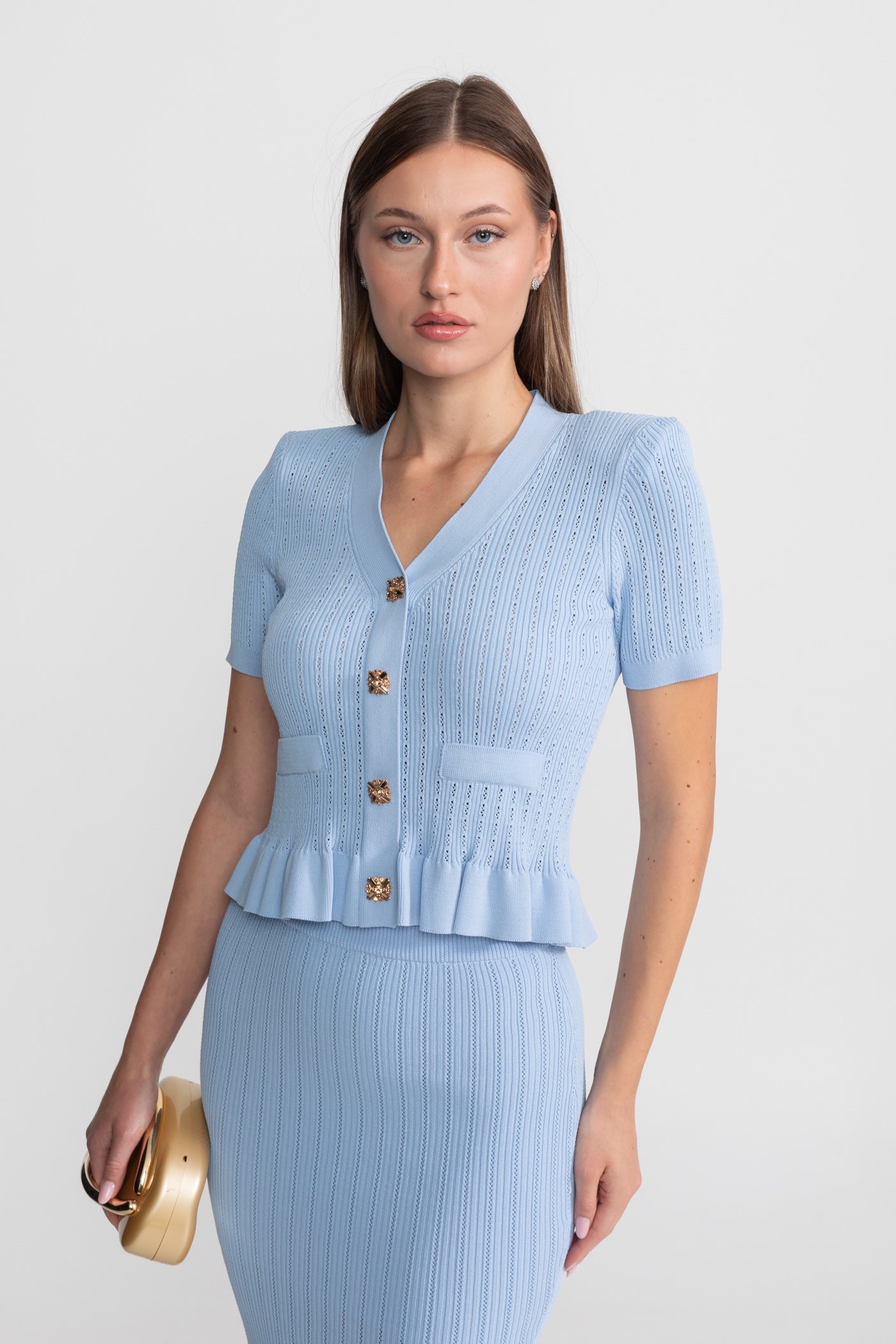 Knit Midi Dress with Peplum Waist and Gold Buttons  – Baby Blue