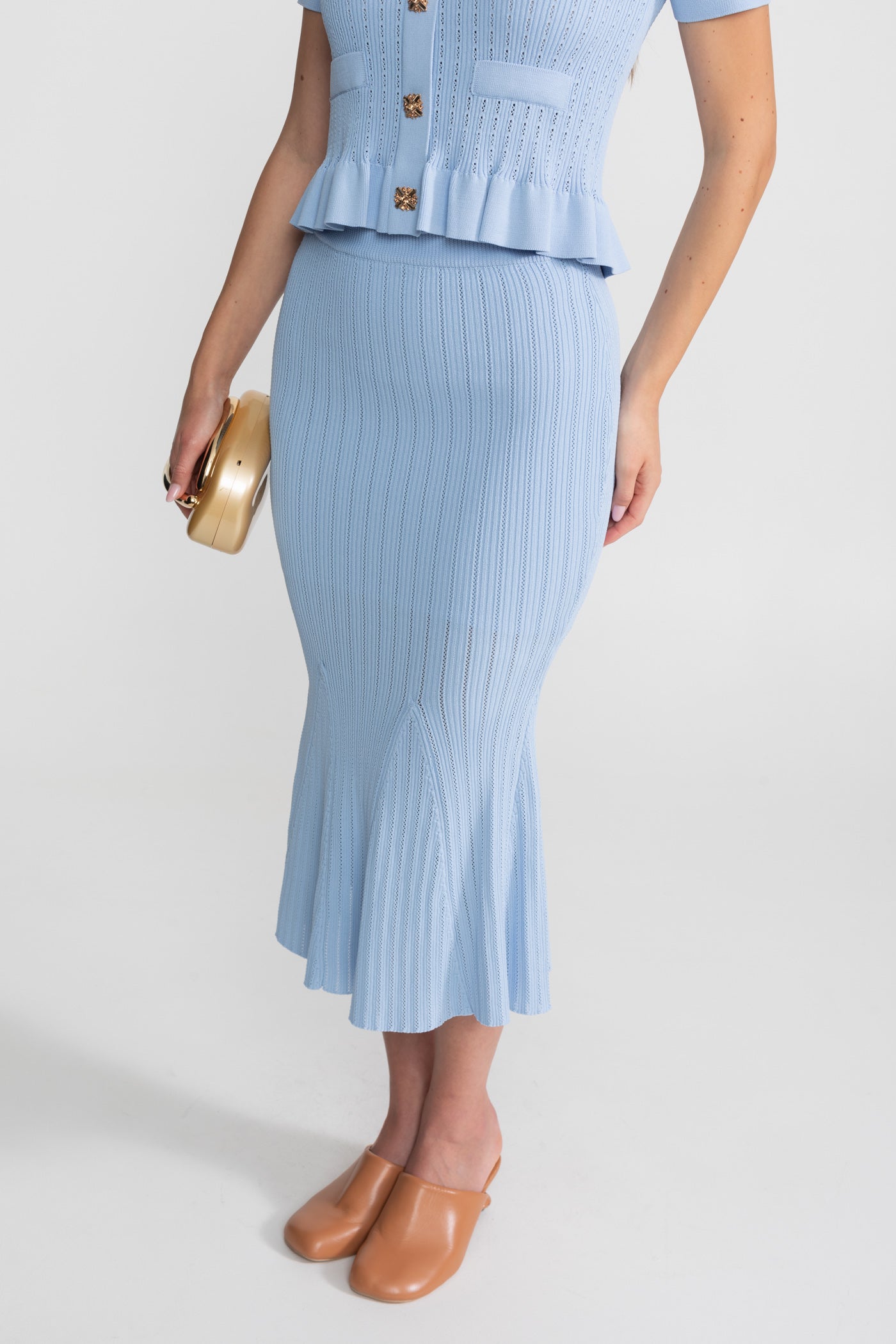 Knit Midi Dress with Peplum Waist and Gold Buttons  – Baby Blue