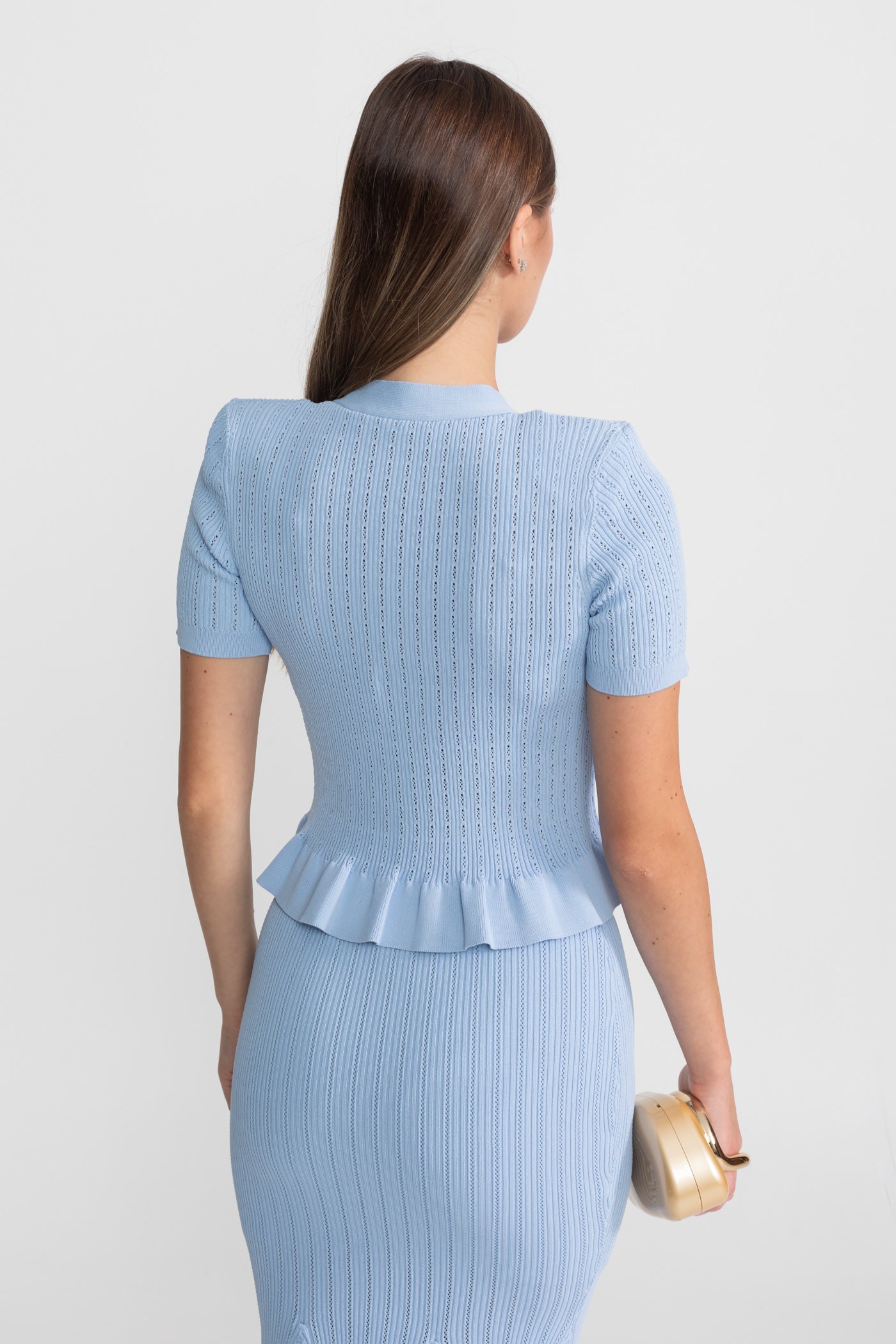 Knit Midi Dress with Peplum Waist and Gold Buttons  – Baby Blue