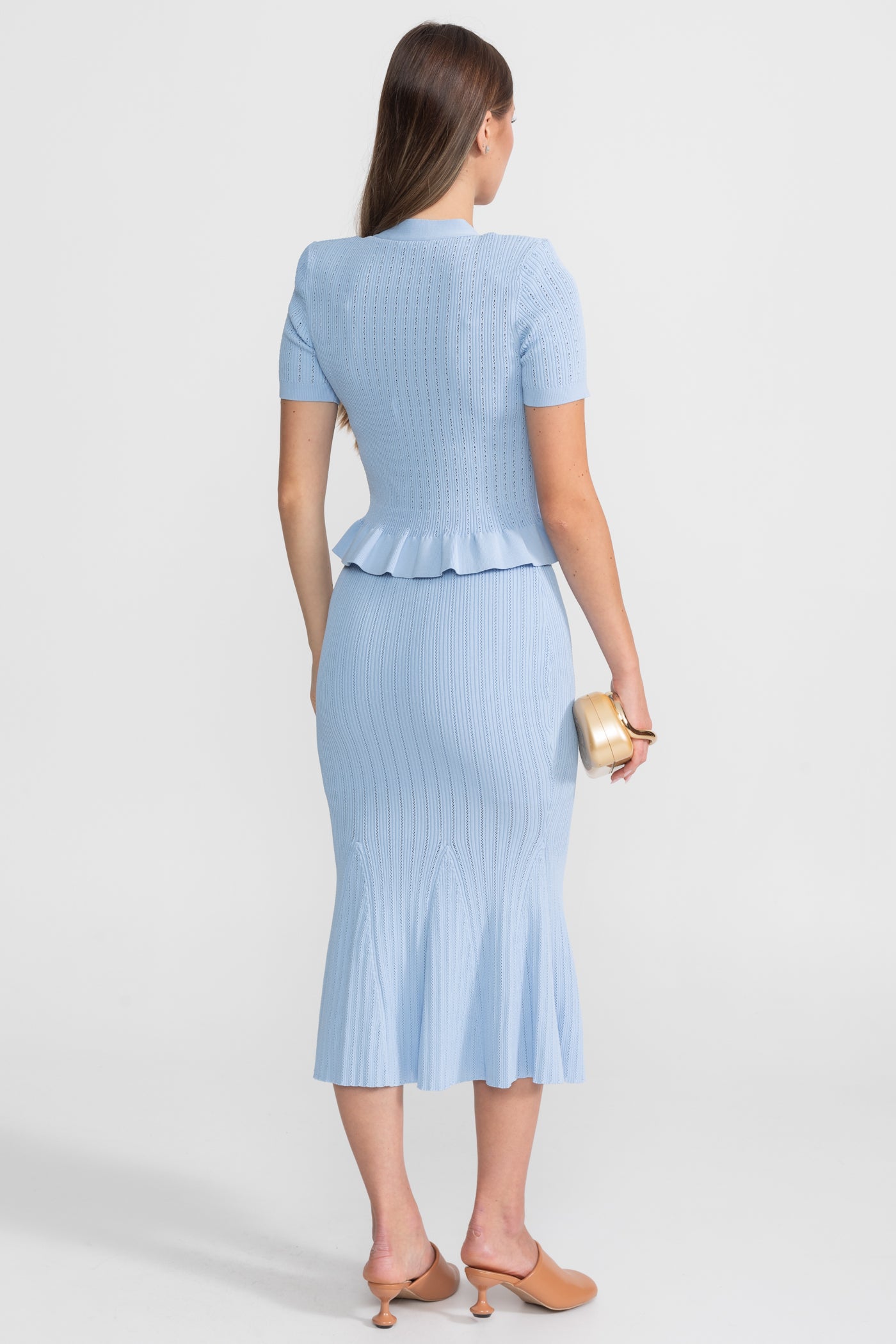 Knit Midi Dress with Peplum Waist and Gold Buttons  – Baby Blue