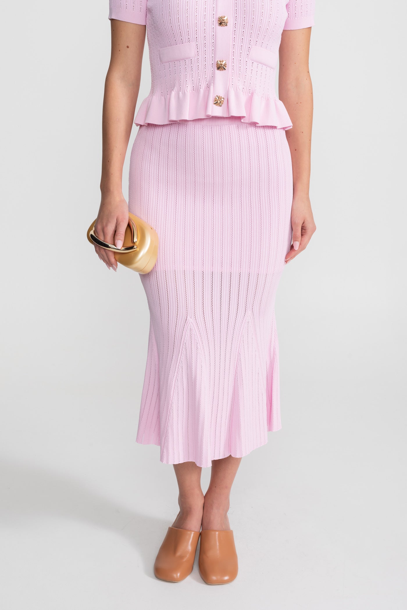 Knit Midi Dress with Peplum Waist and Gold Buttons  – Pink