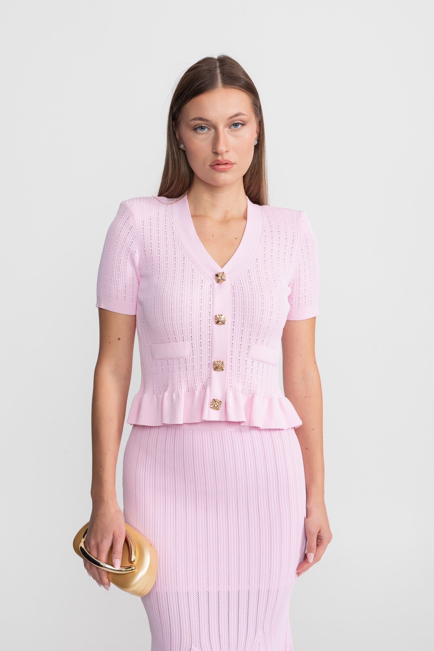 Knit Midi Dress with Peplum Waist and Gold Buttons  – Pink