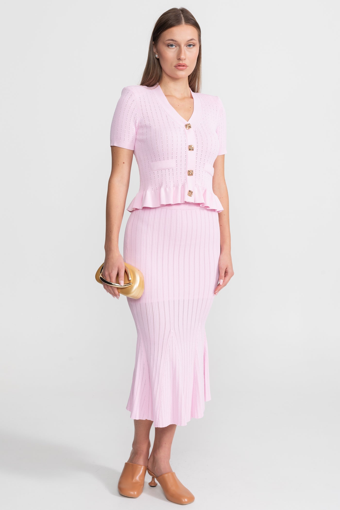 Knit Midi Dress with Peplum Waist and Gold Buttons  – Pink