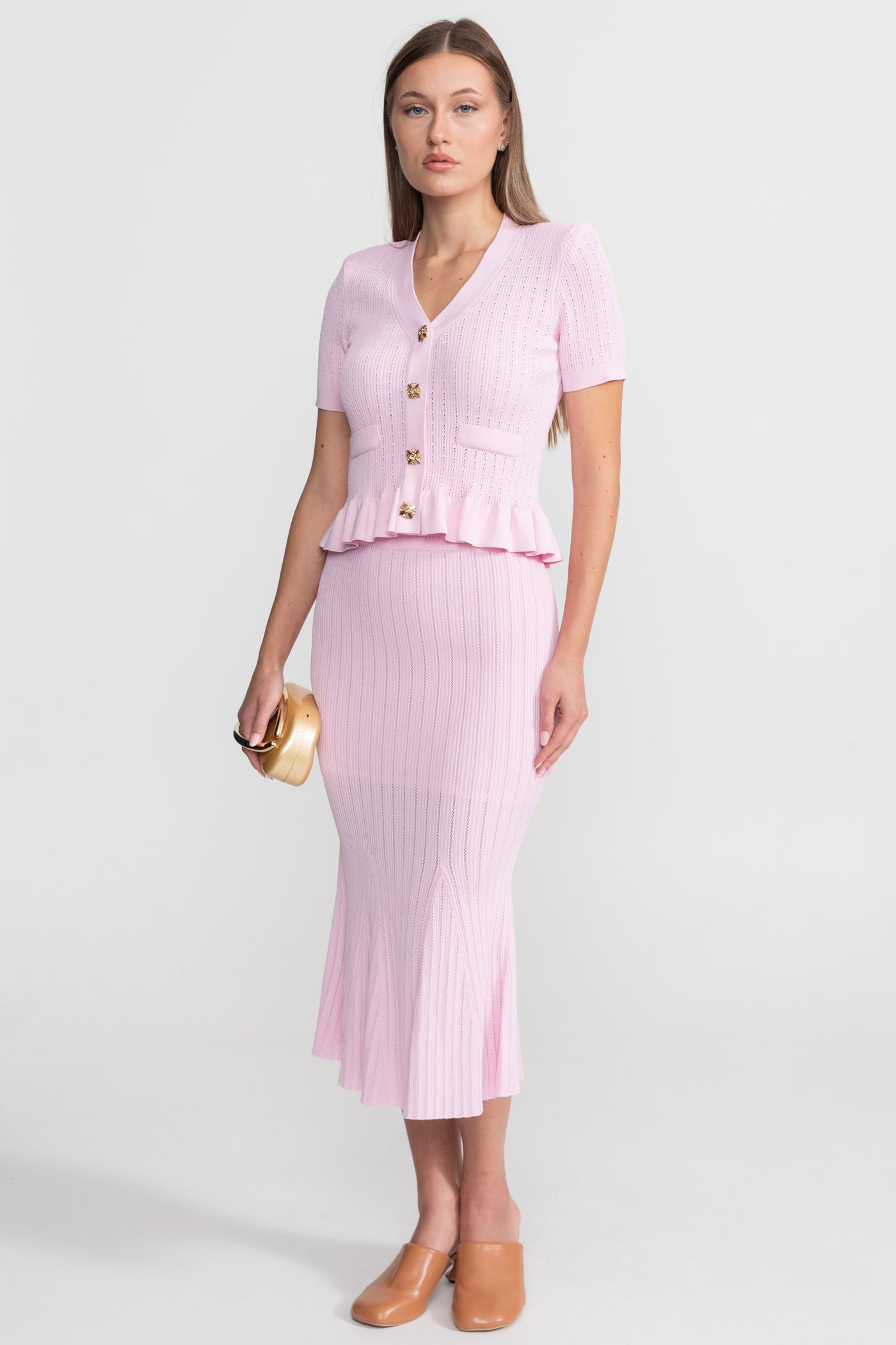 Knit Midi Dress with Peplum Waist and Gold Buttons  – Pink
