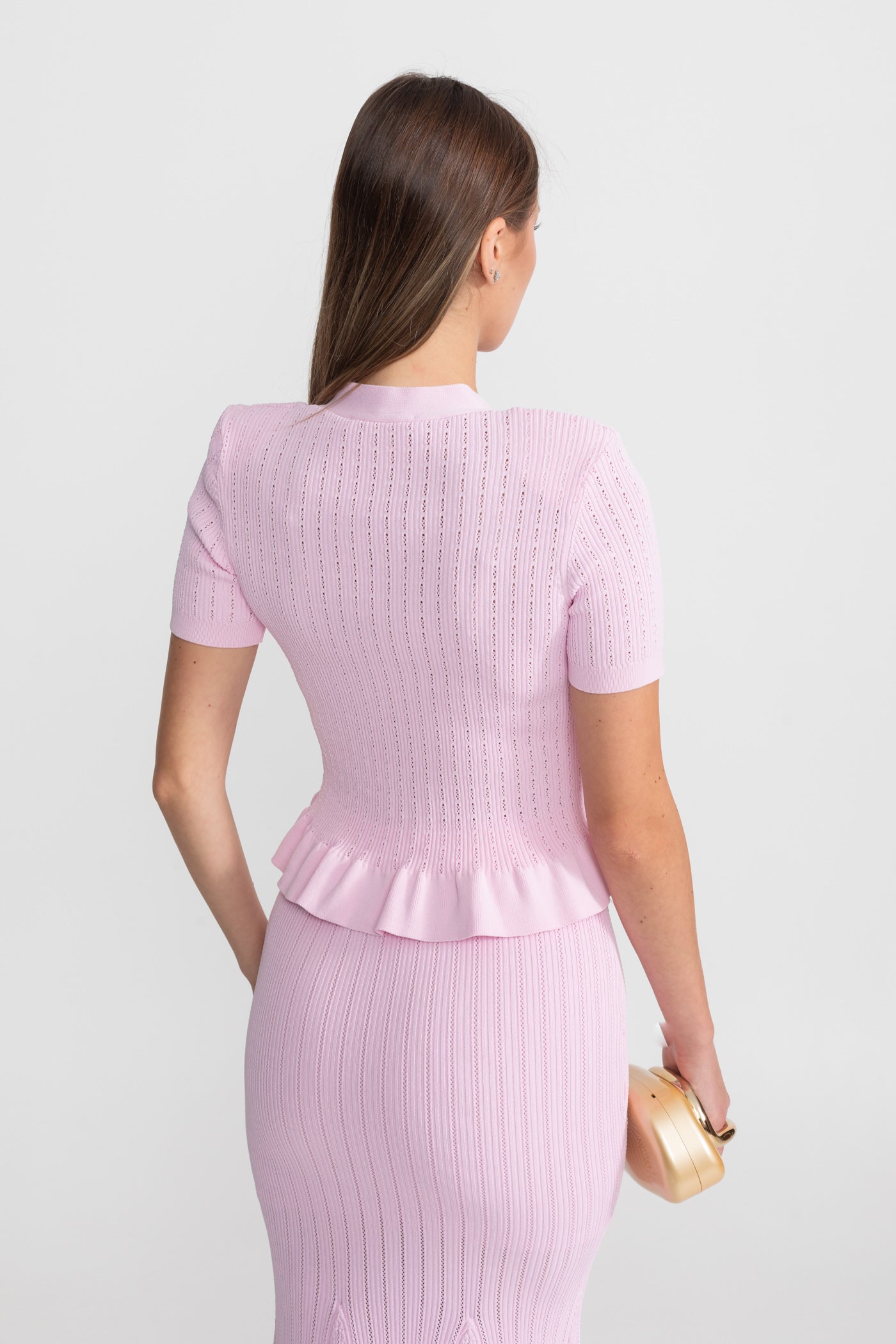 Knit Midi Dress with Peplum Waist and Gold Buttons  – Pink