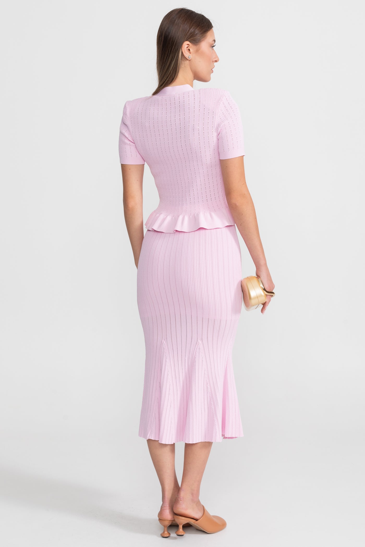 Knit Midi Dress with Peplum Waist and Gold Buttons  – Pink