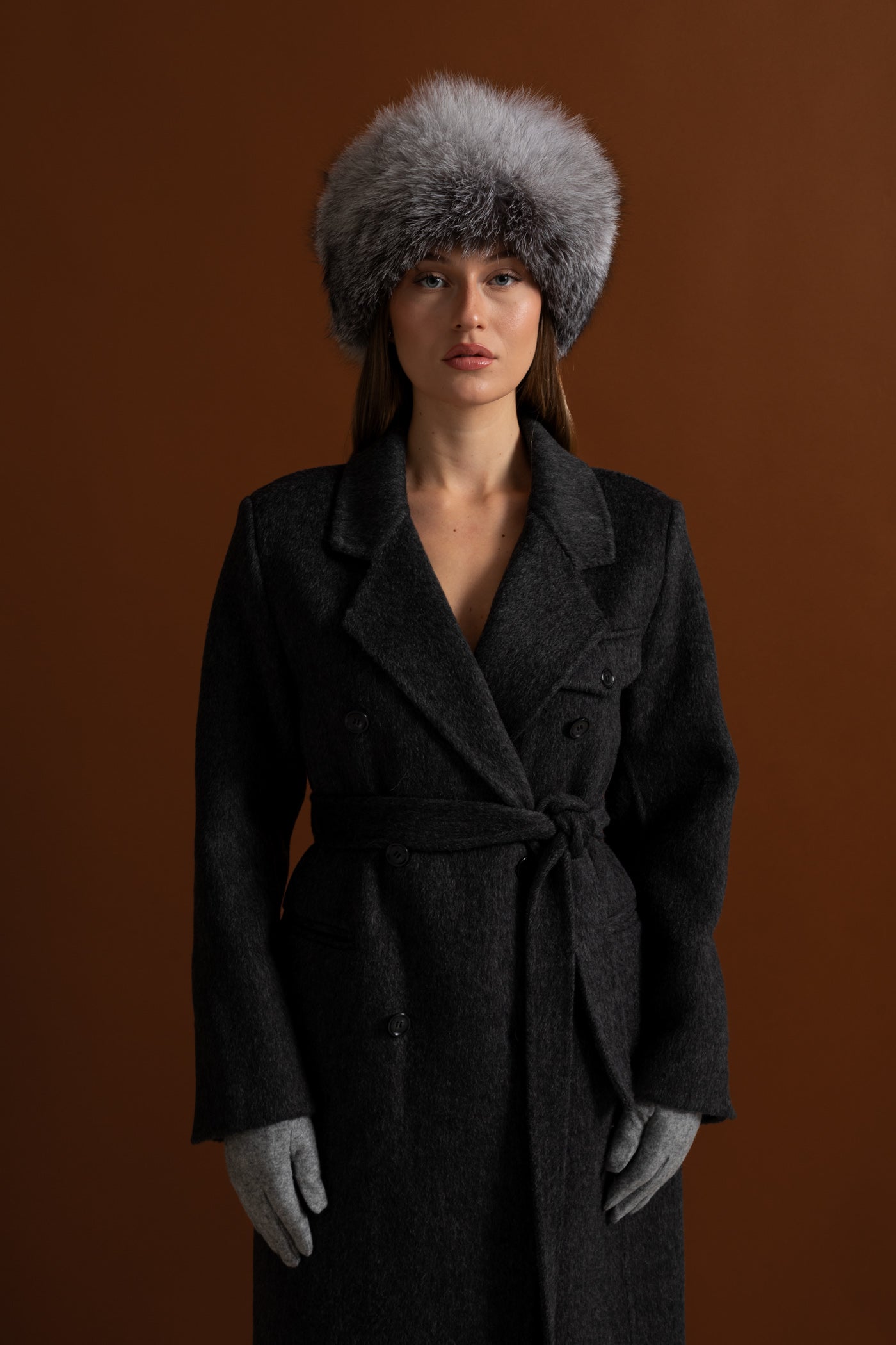 Double-Breasted Wool Coat With Waist Belt – Charcoal Grey