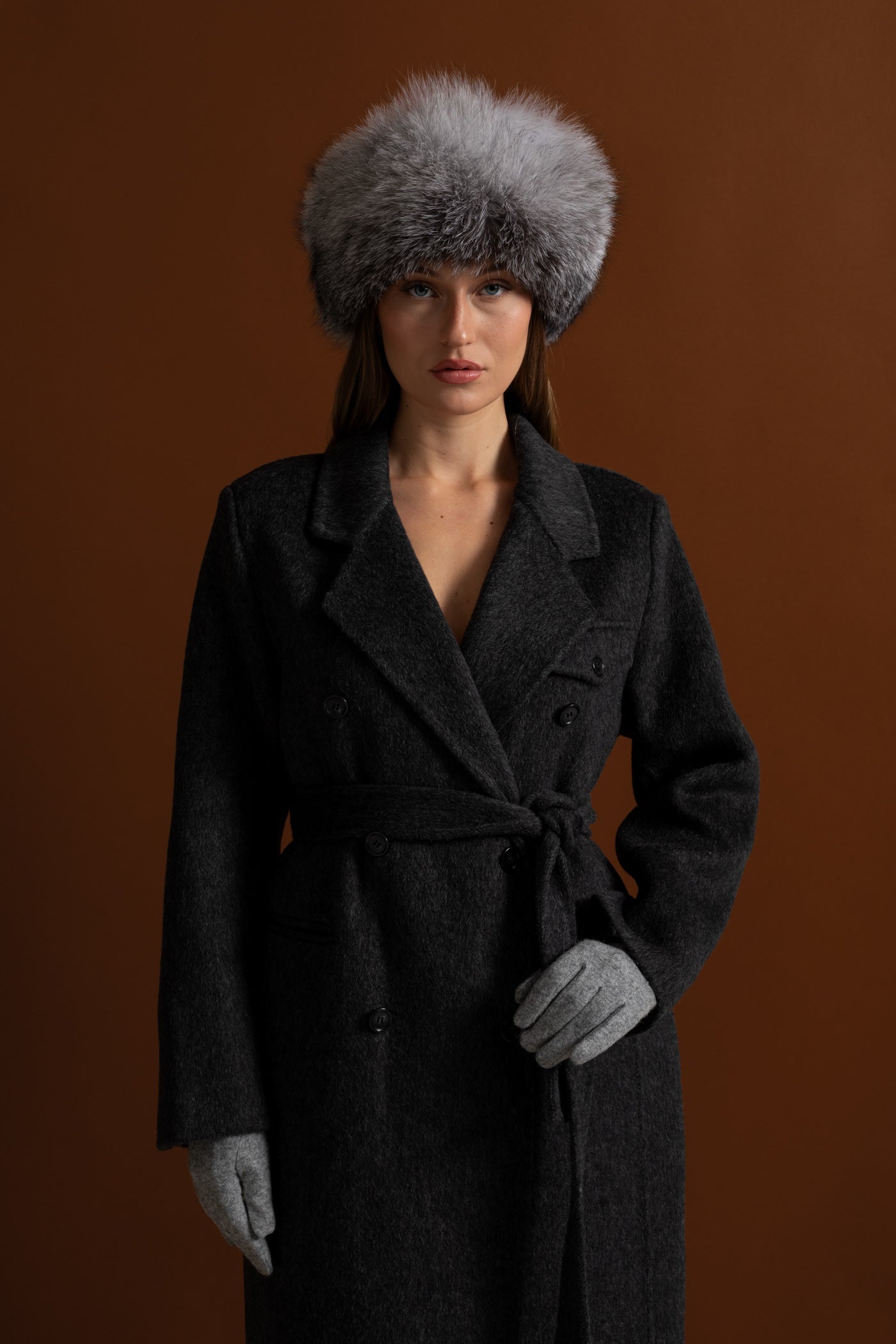 Double-Breasted Wool Coat With Waist Belt – Charcoal Grey