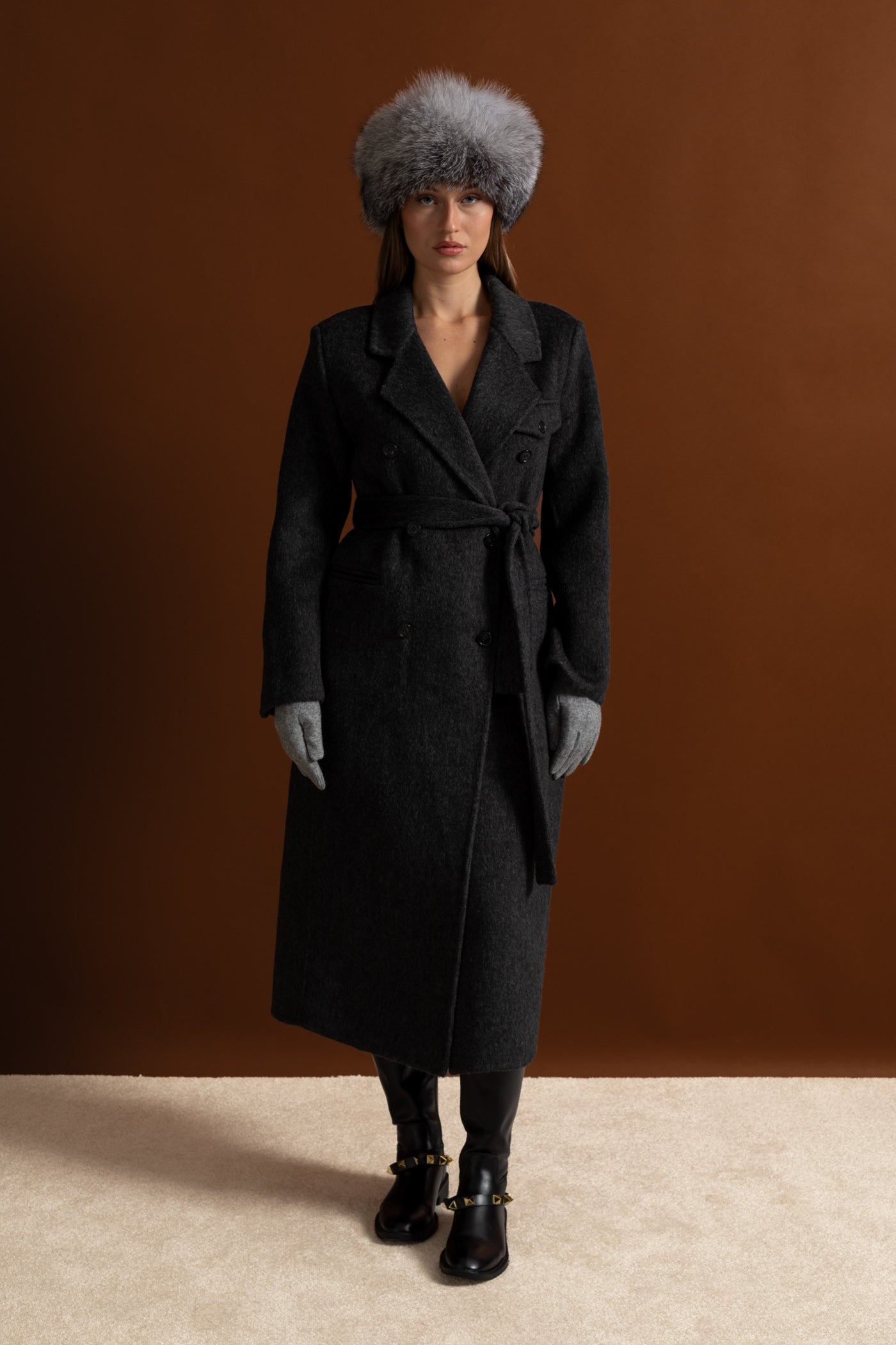 Double-Breasted Wool Coat With Waist Belt – Charcoal Grey