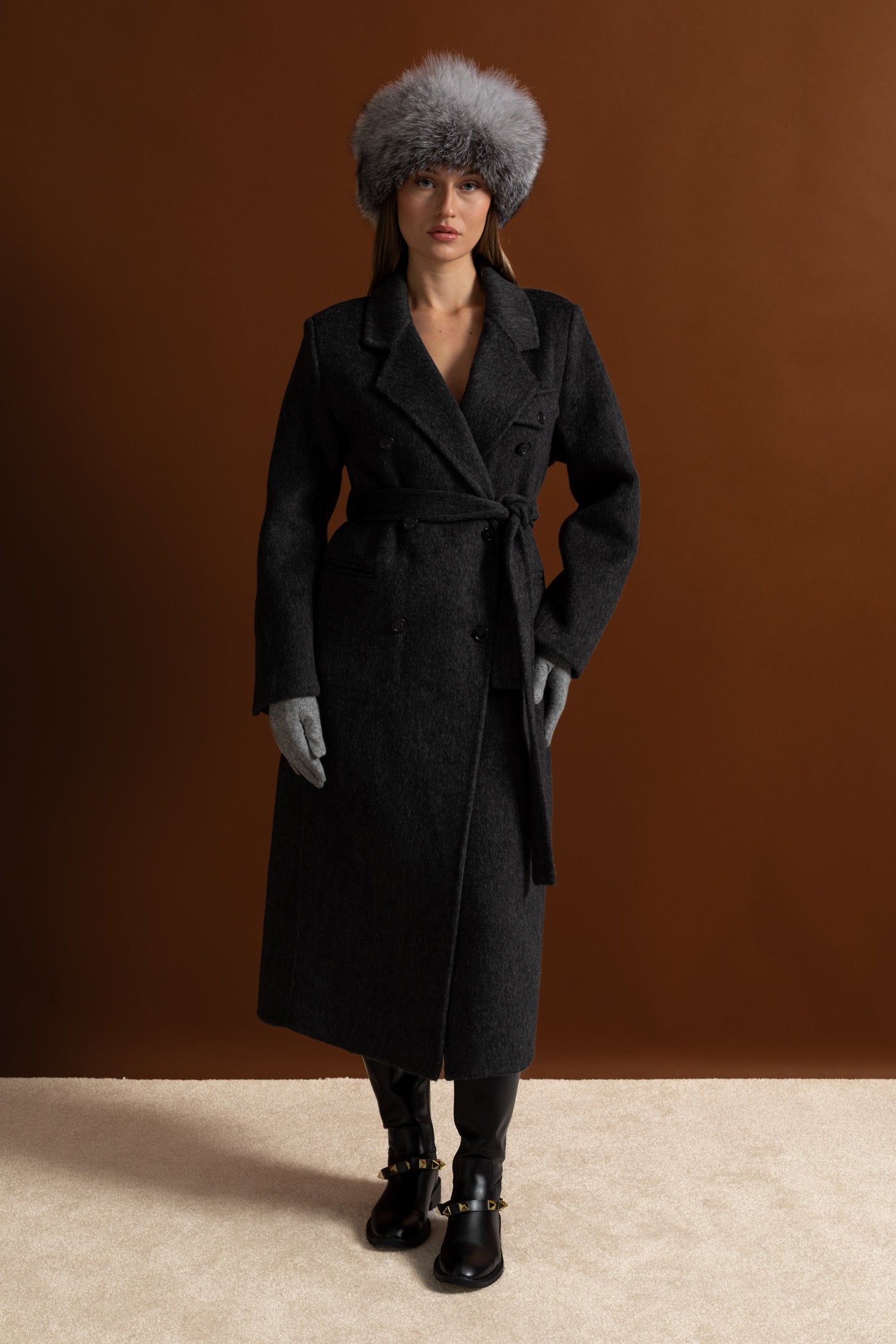 Double-Breasted Wool Coat With Waist Belt – Charcoal Grey