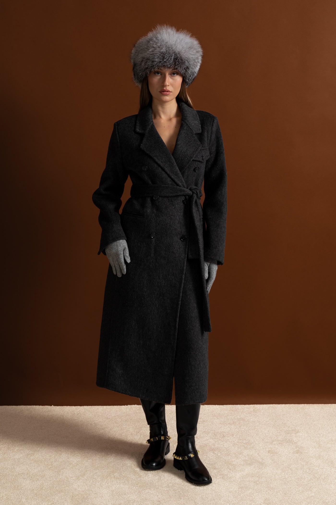 Double-Breasted Wool Coat With Waist Belt – Charcoal Grey