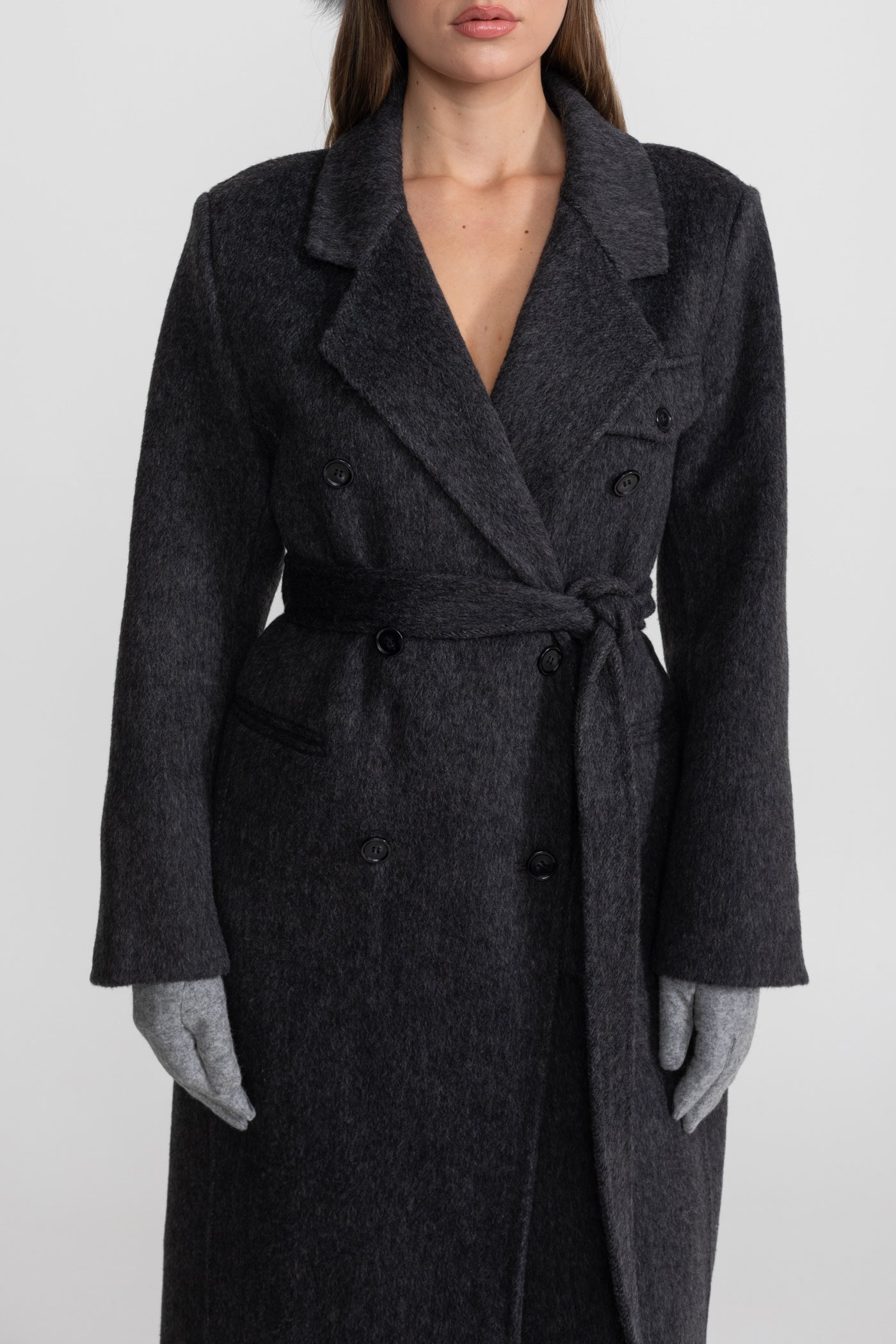 Double-Breasted Wool Coat With Waist Belt – Charcoal Grey