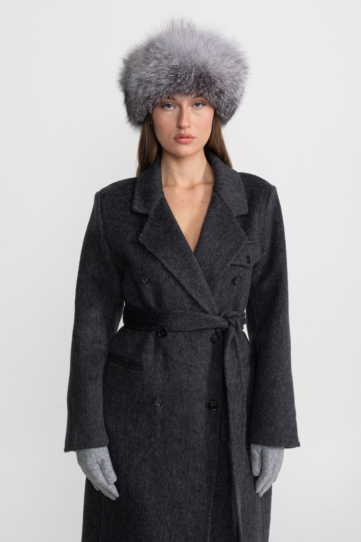 Double-Breasted Wool Coat With Waist Belt – Charcoal Grey