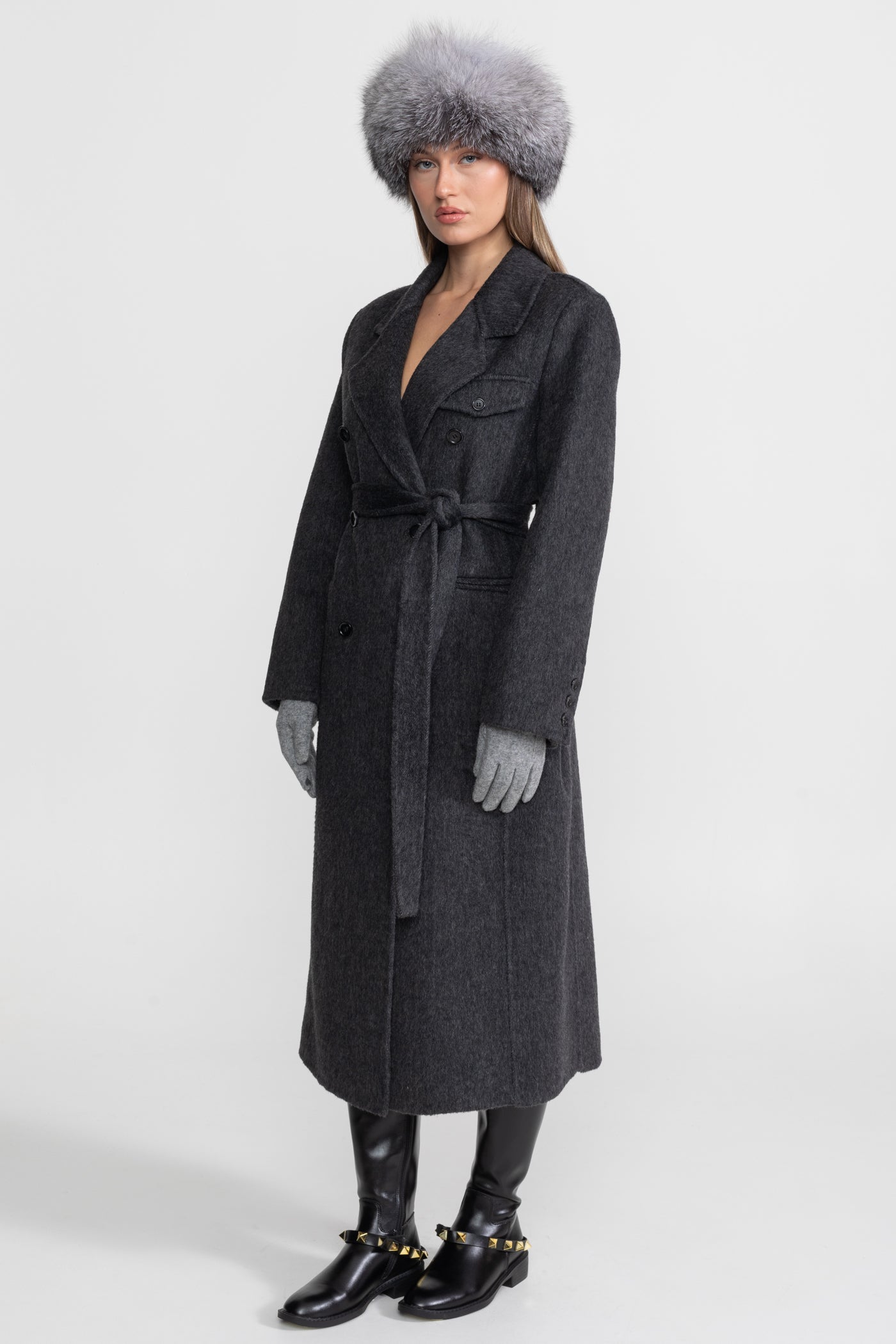 Double-Breasted Wool Coat With Waist Belt – Charcoal Grey