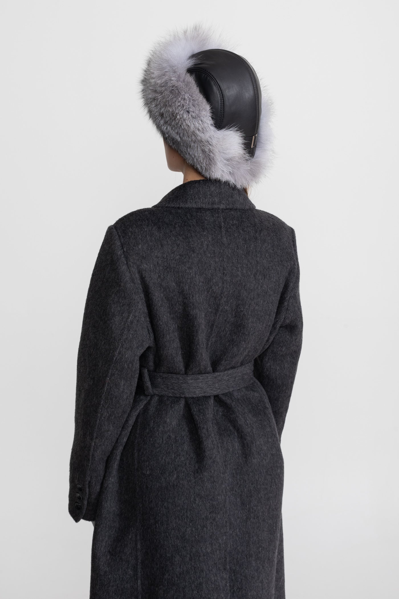 Double-Breasted Wool Coat With Waist Belt – Charcoal Grey
