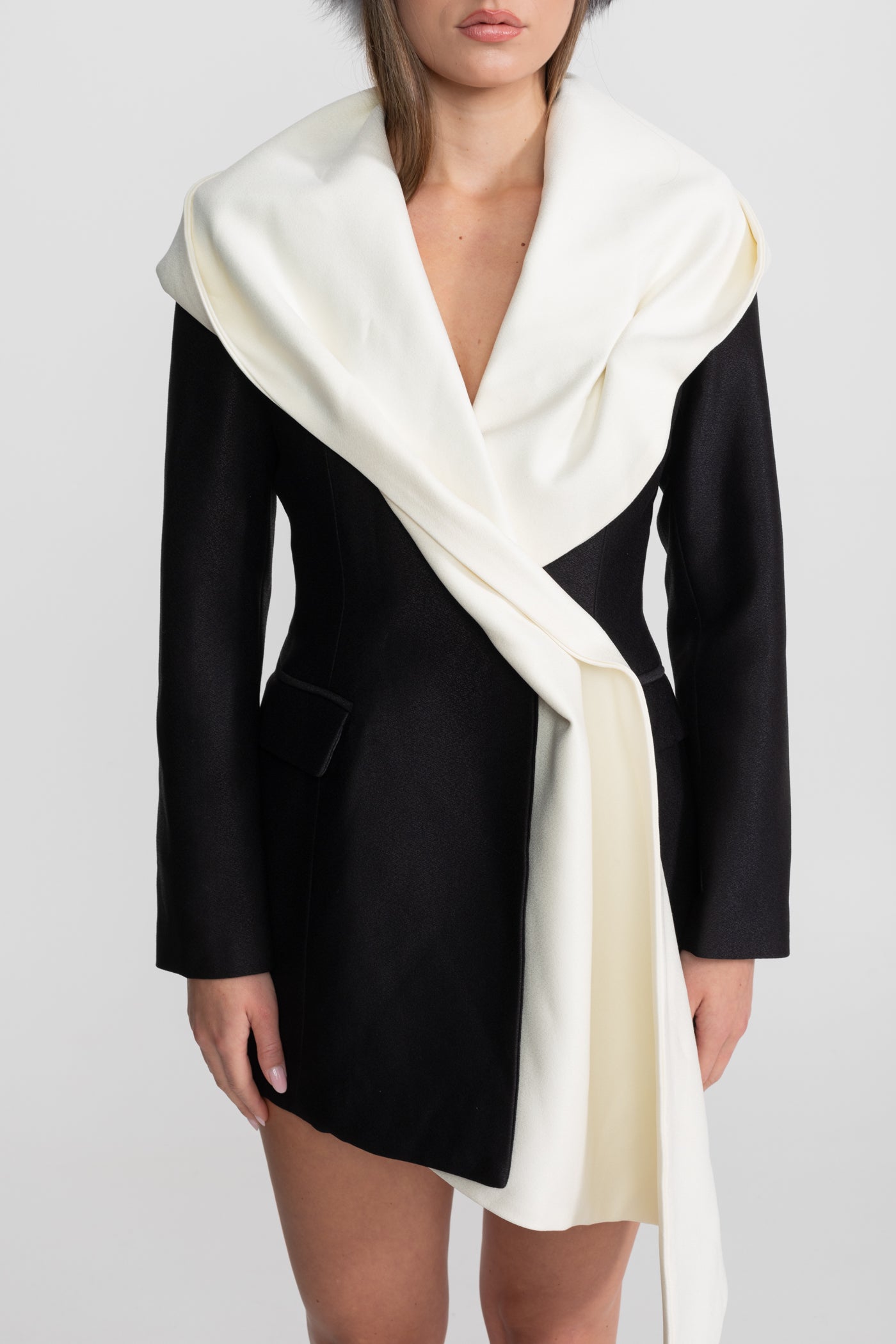 Draped Lapel Asymmetric Blazer Dress – Black/Ivory
