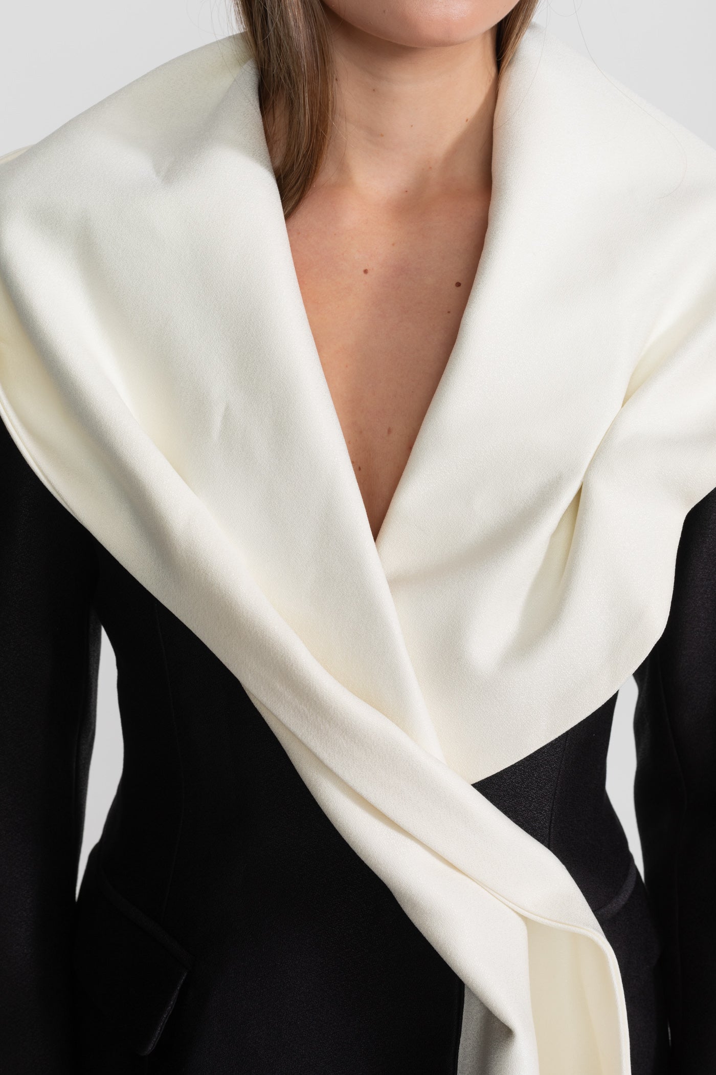 Draped Lapel Asymmetric Blazer Dress – Black/Ivory