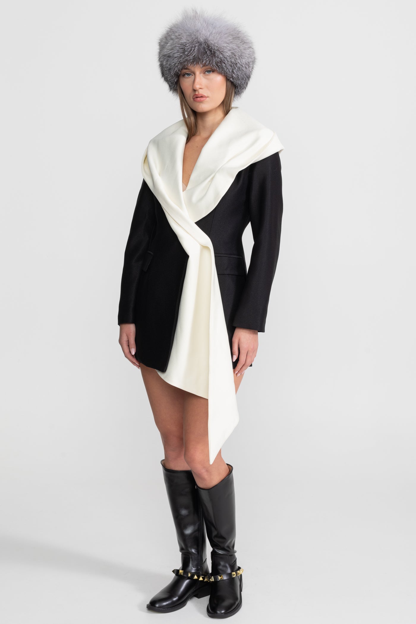 Draped Lapel Asymmetric Blazer Dress – Black/Ivory