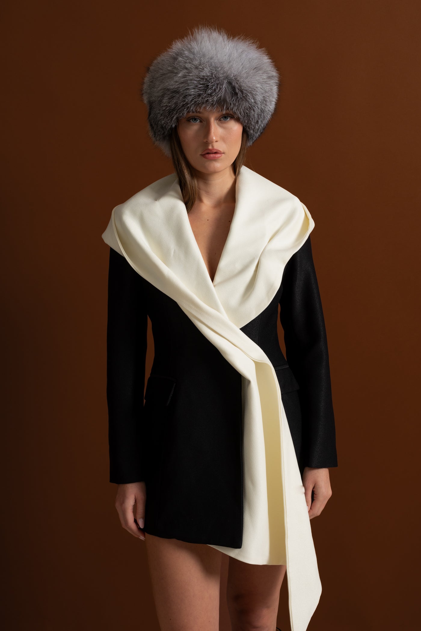 Draped Lapel Asymmetric Blazer Dress – Black/Ivory