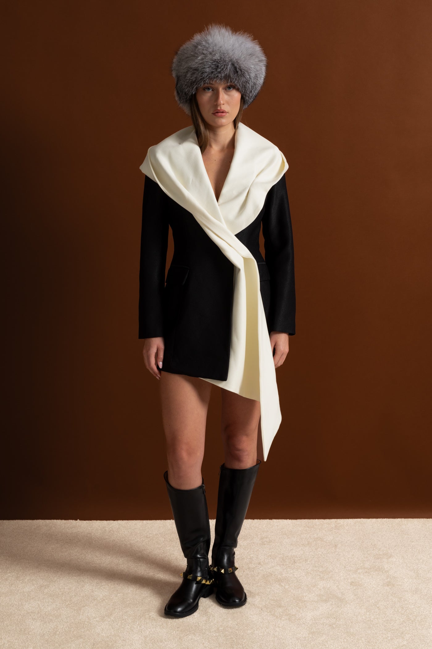 Draped Lapel Asymmetric Blazer Dress – Black/Ivory