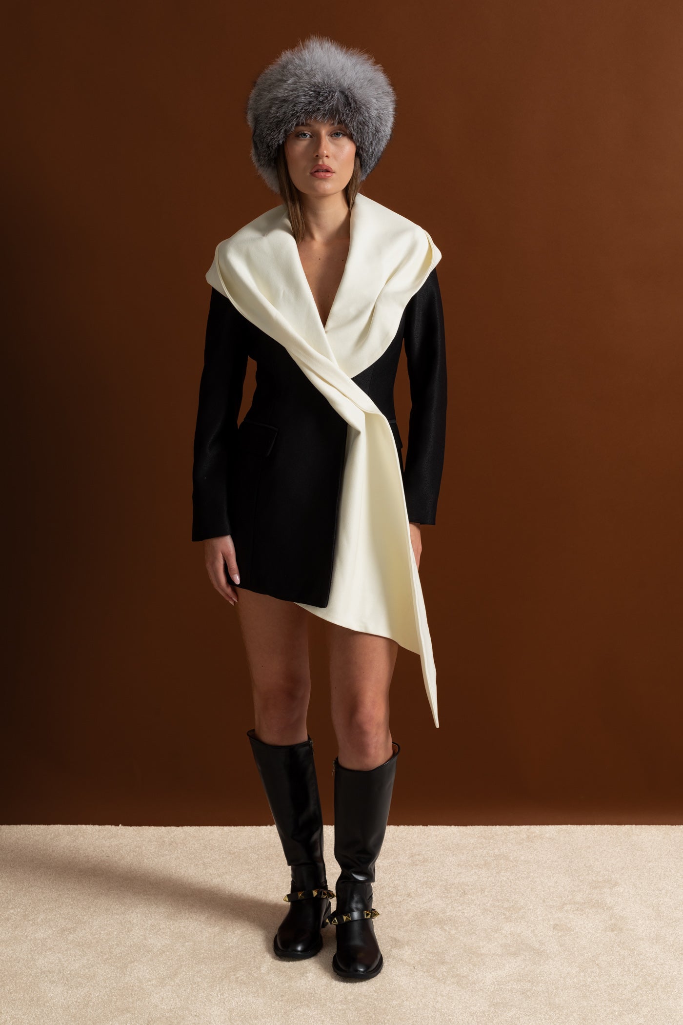 Draped Lapel Asymmetric Blazer Dress – Black/Ivory