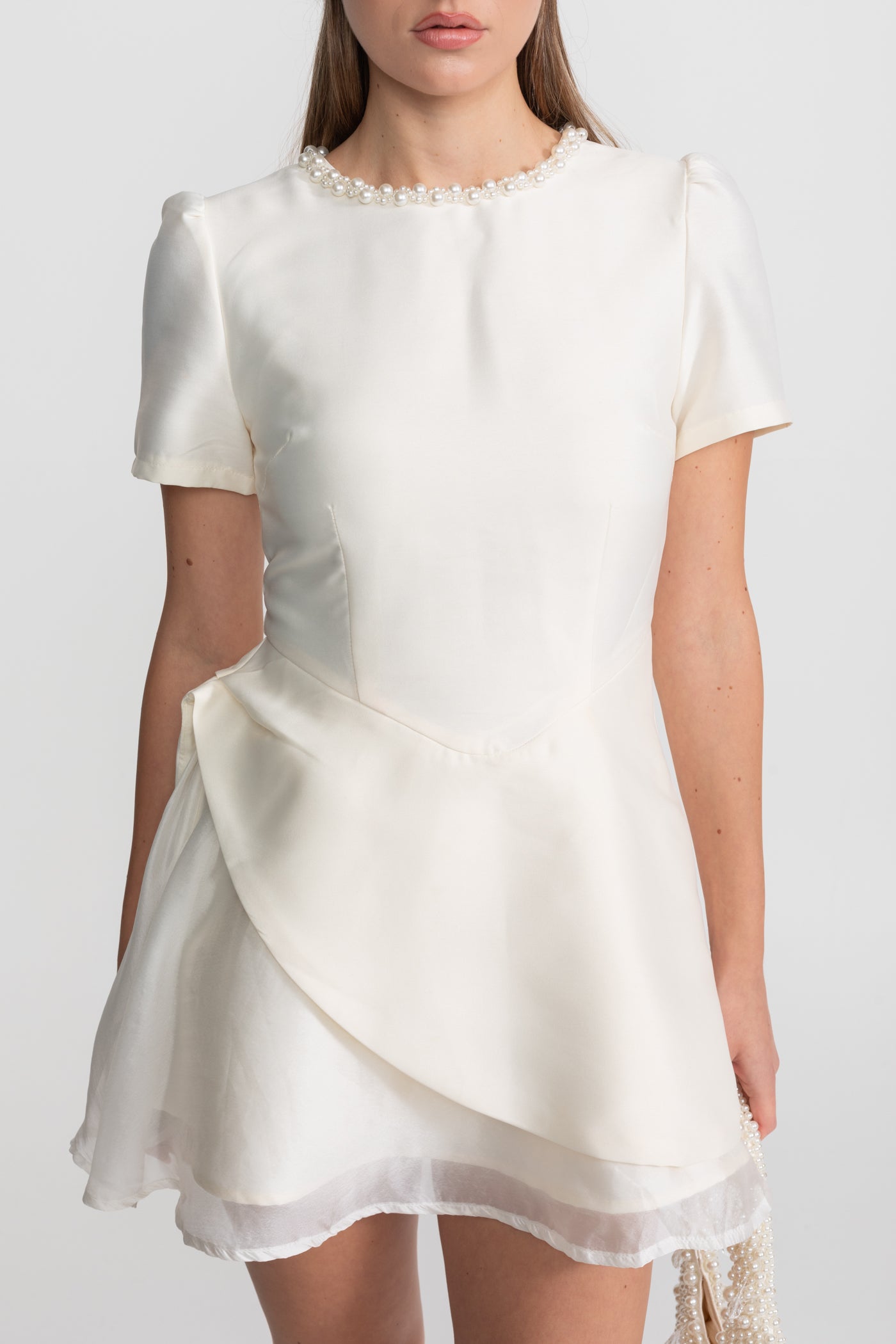 Pearl-Trim Satin Mini Dress - Ivoire