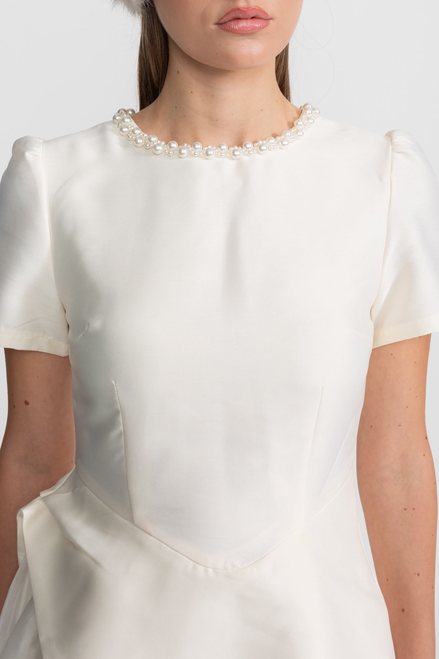 Pearl-Trim Satin Mini Dress - Ivoire