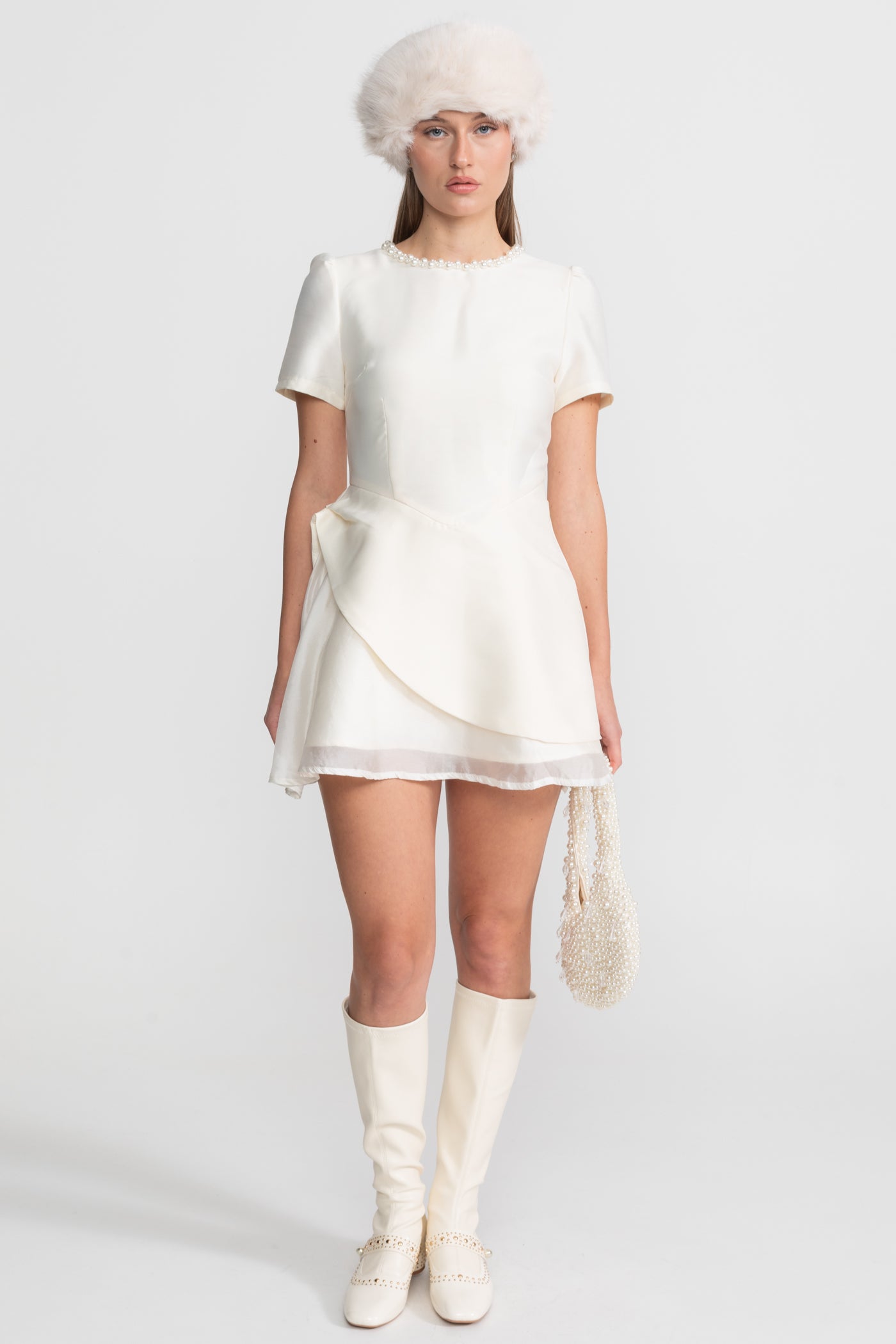 Pearl-Trim Satin Mini Dress - Ivoire