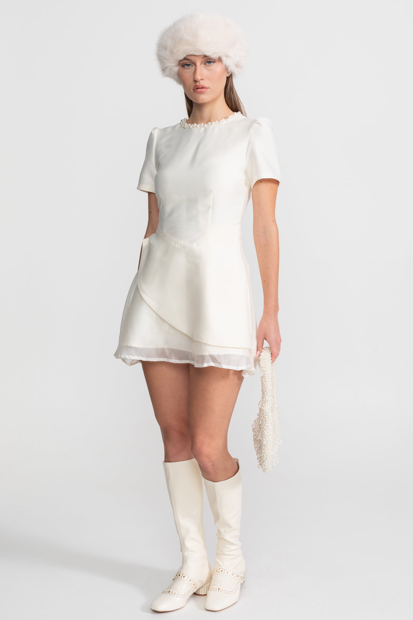 Pearl-Trim Satin Mini Dress - Ivoire