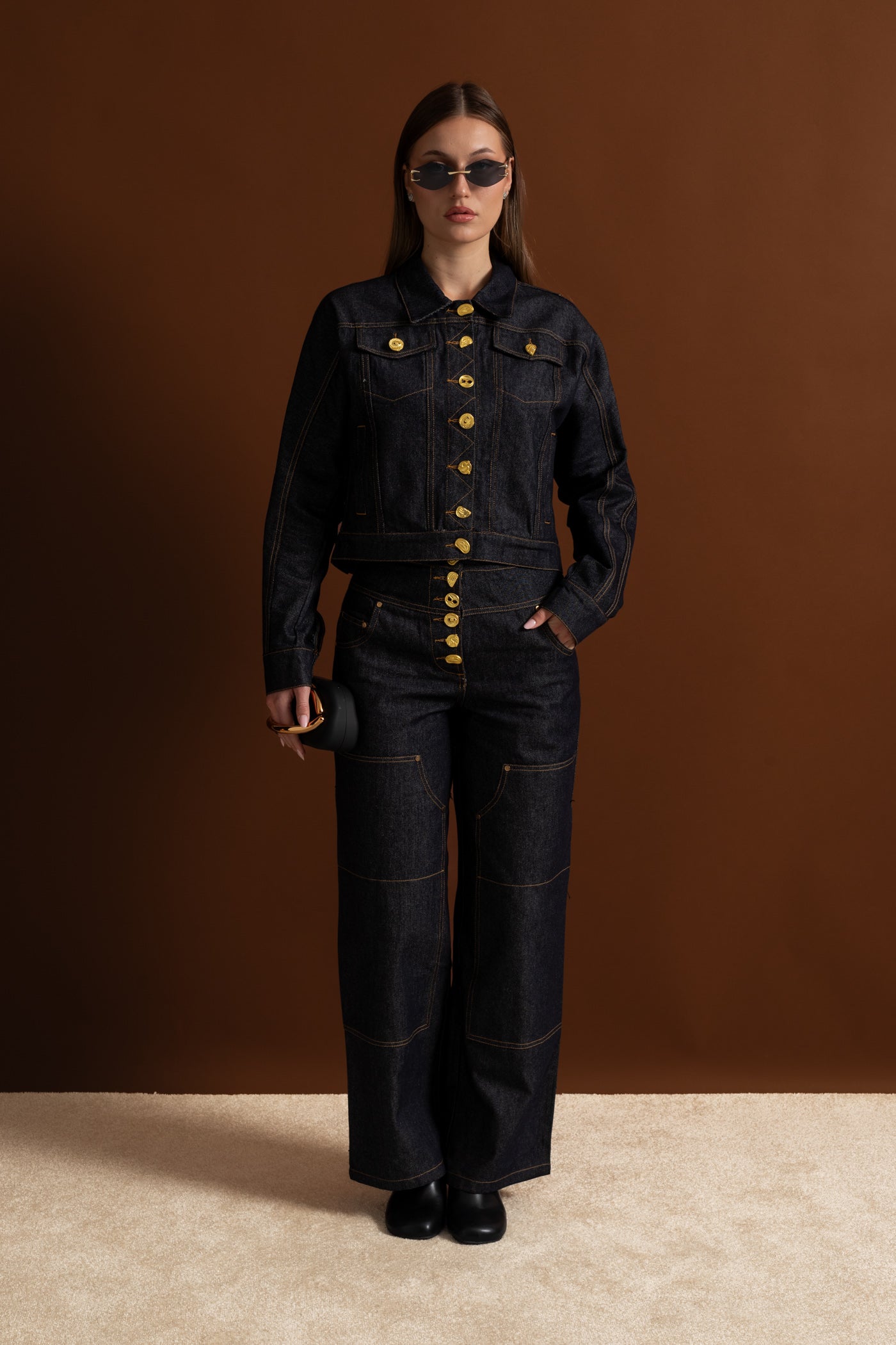 Gold Button Denim Co-ord Set – Indigo